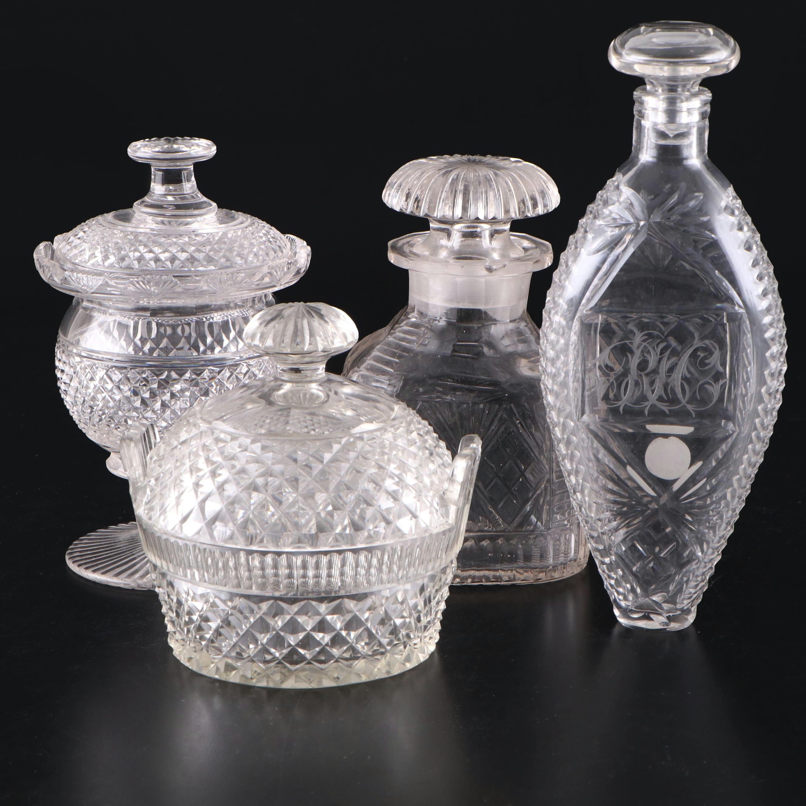 Irish Cut Glass Bonbonnière with Other Bottles and Lidded Bowl. 19th Century