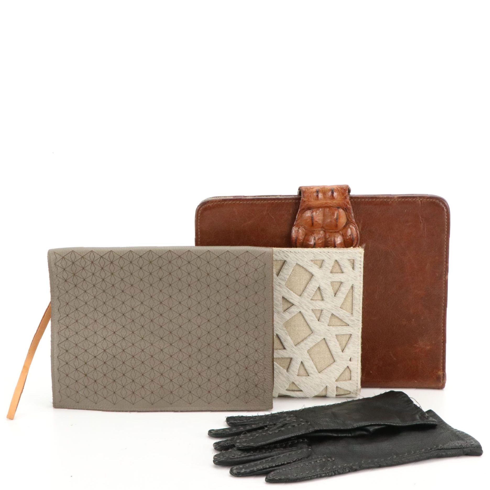 Leather/Hornback Crocodile Portfolio Cover with Leather Clutch Bags and Gloves