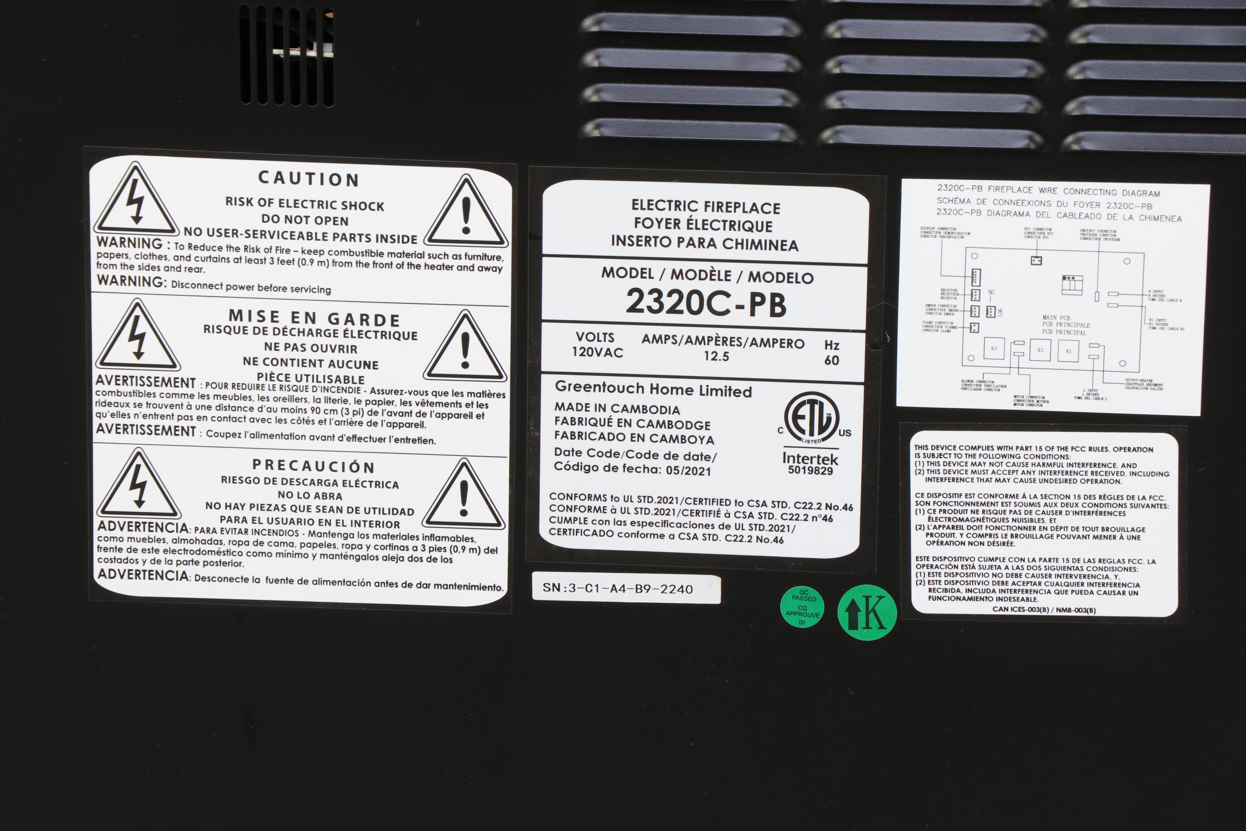 GreenTouch Home Model 2320C-PB Electric Fireplace