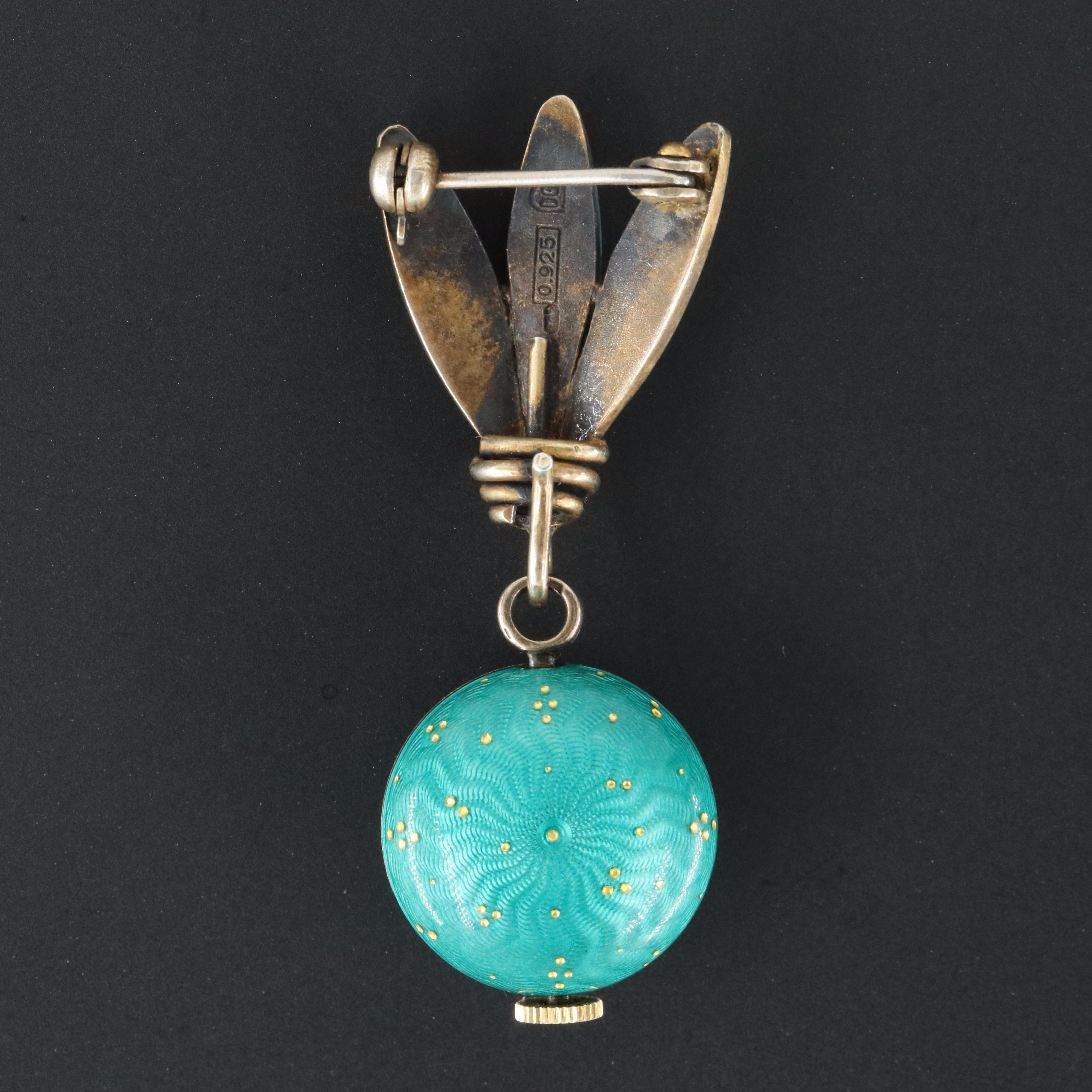Antique Juvenia Sterling Aqua Green Enamel Pin Watch