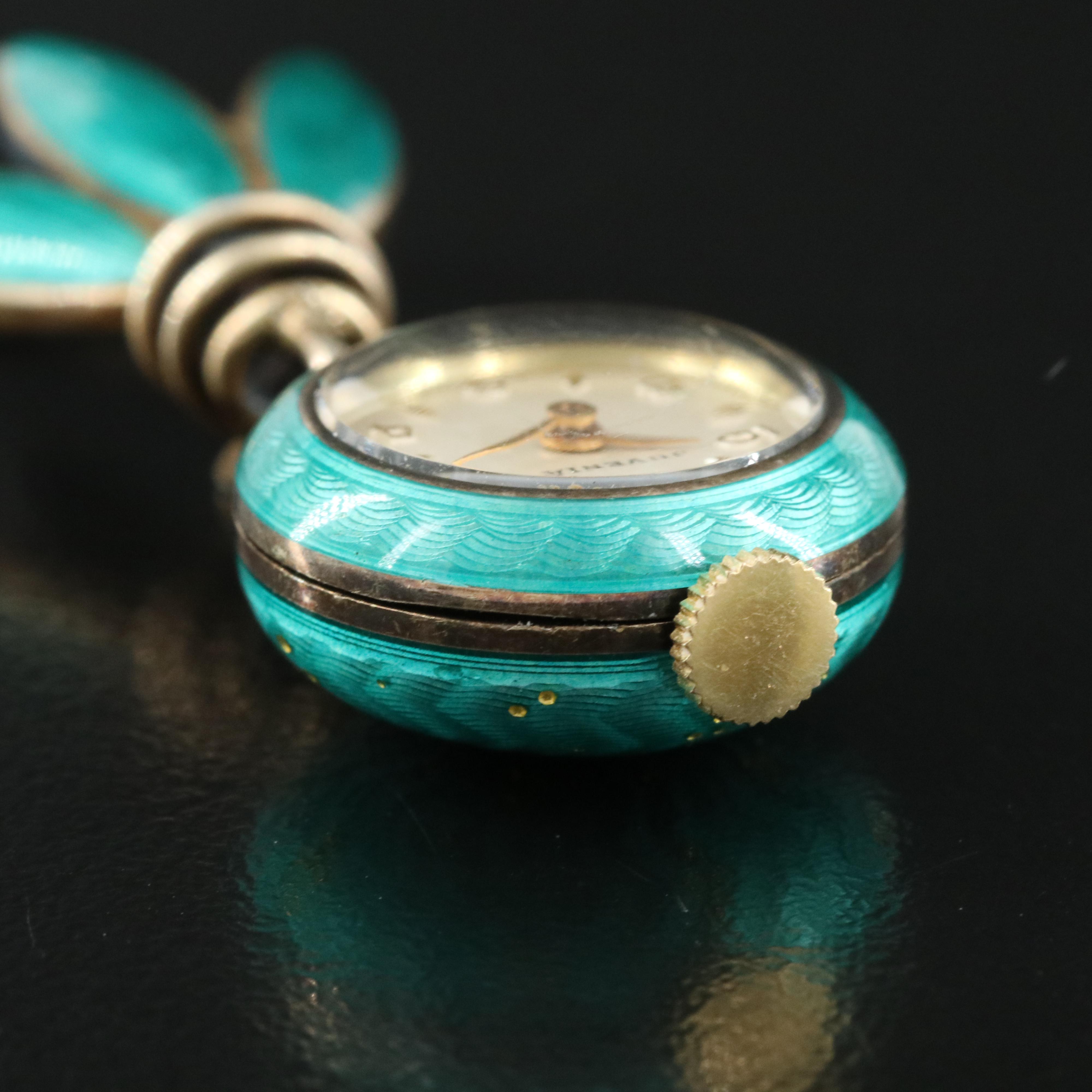 Antique Juvenia Sterling Aqua Green Enamel Pin Watch