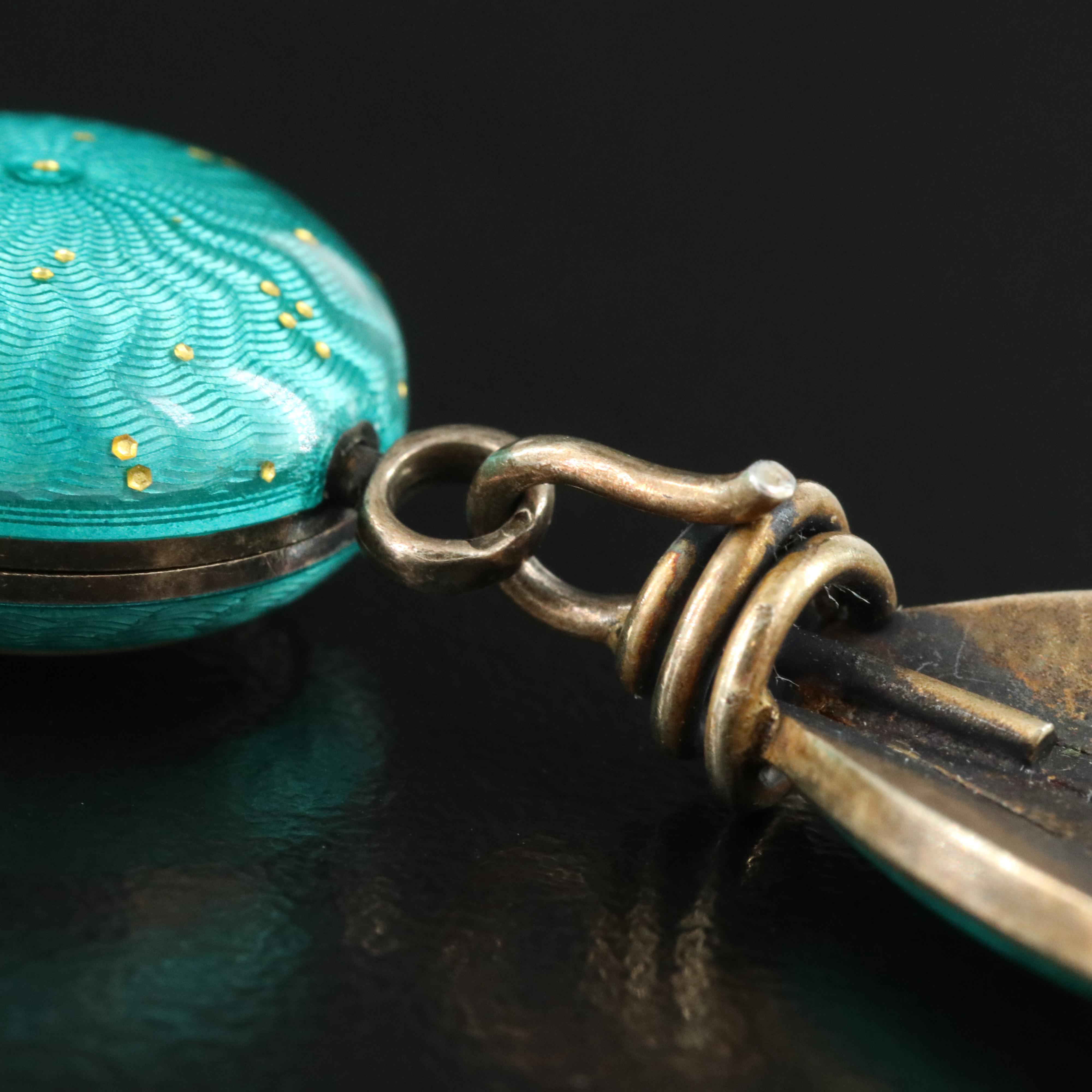 Antique Juvenia Sterling Aqua Green Enamel Pin Watch