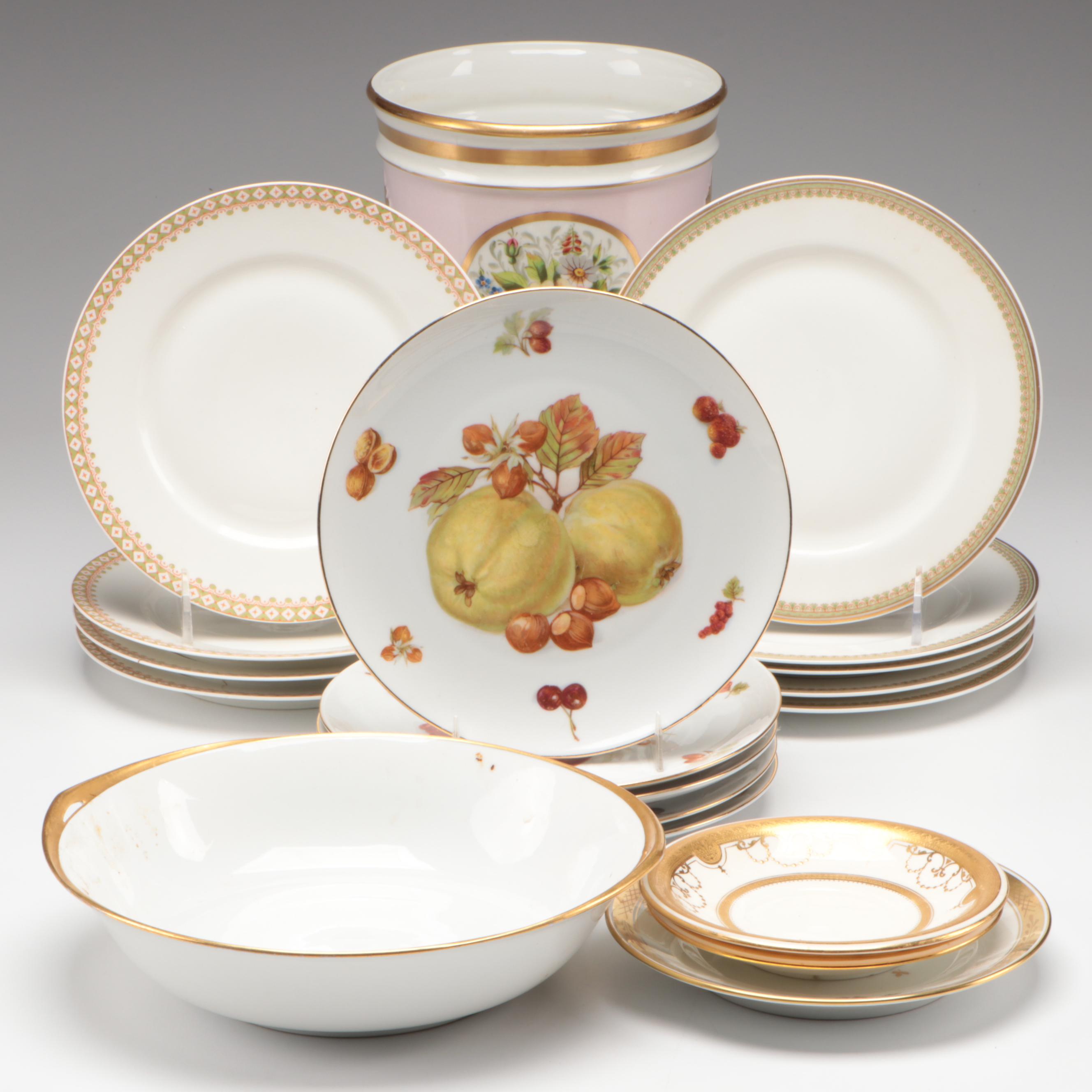 Royal Copenhagen "Golden Basket" Plate with Other Tableware and Cachepot