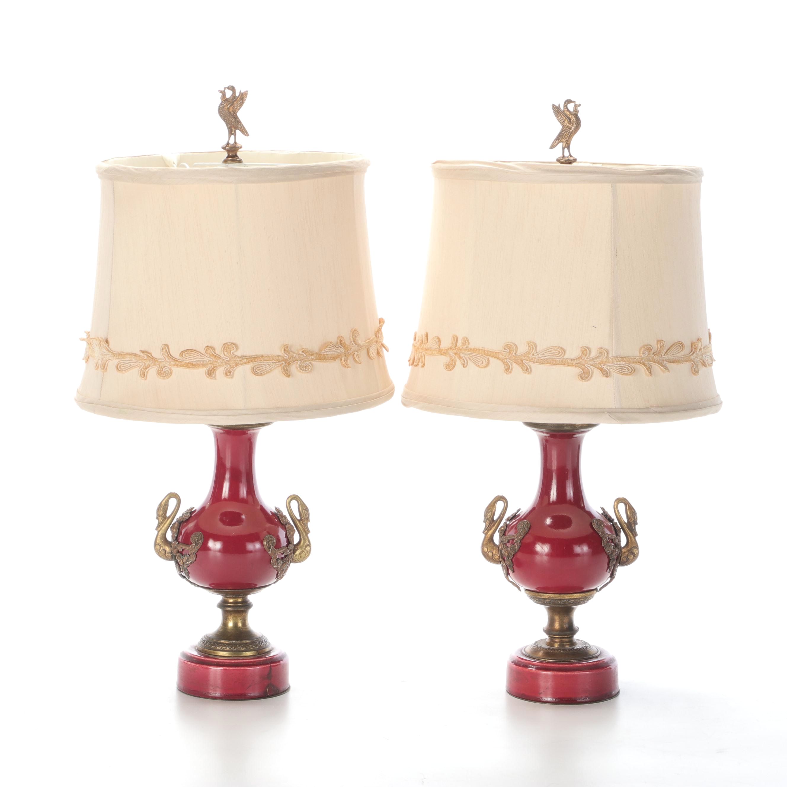 Pair of French Swan Handled Ceramic Table Lamps