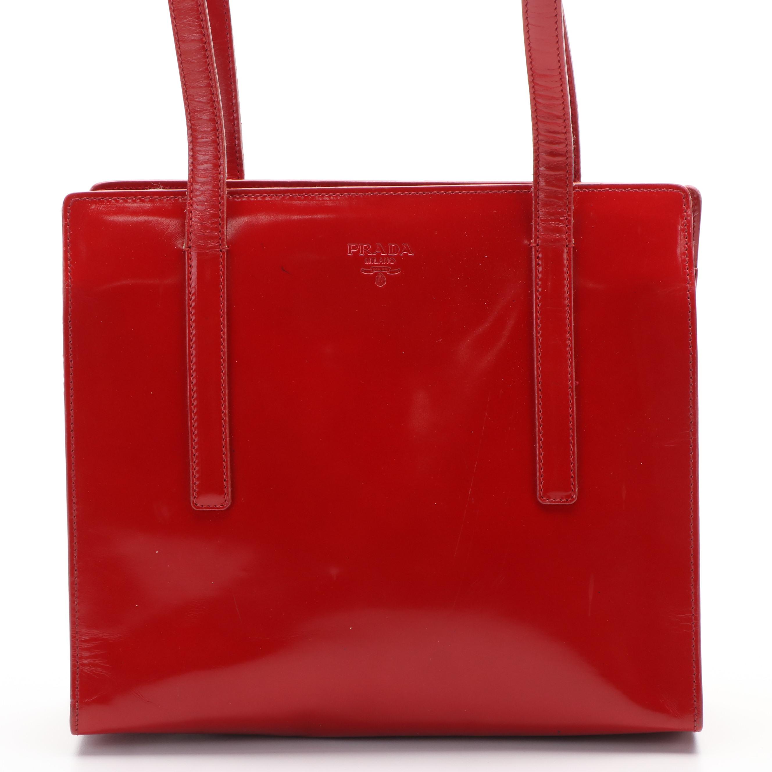 Prada Red Glossy Leather Zippered Tote Bag
