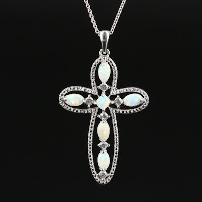 Sterling Opal and White Topaz Cross Pendant Necklace