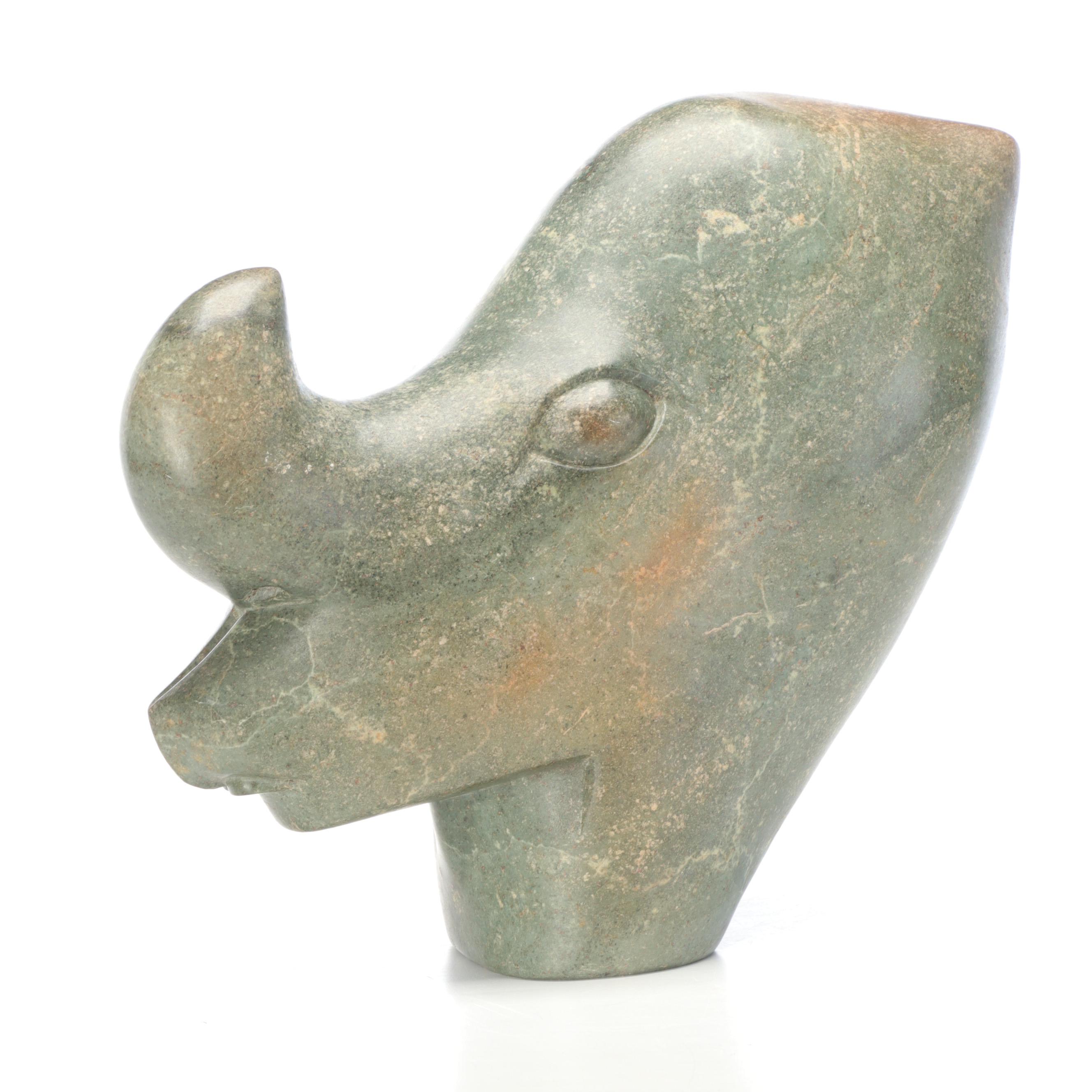 Bernard Matemera Carved Shona Sculpture of Rhino Head on Ashanti Stool