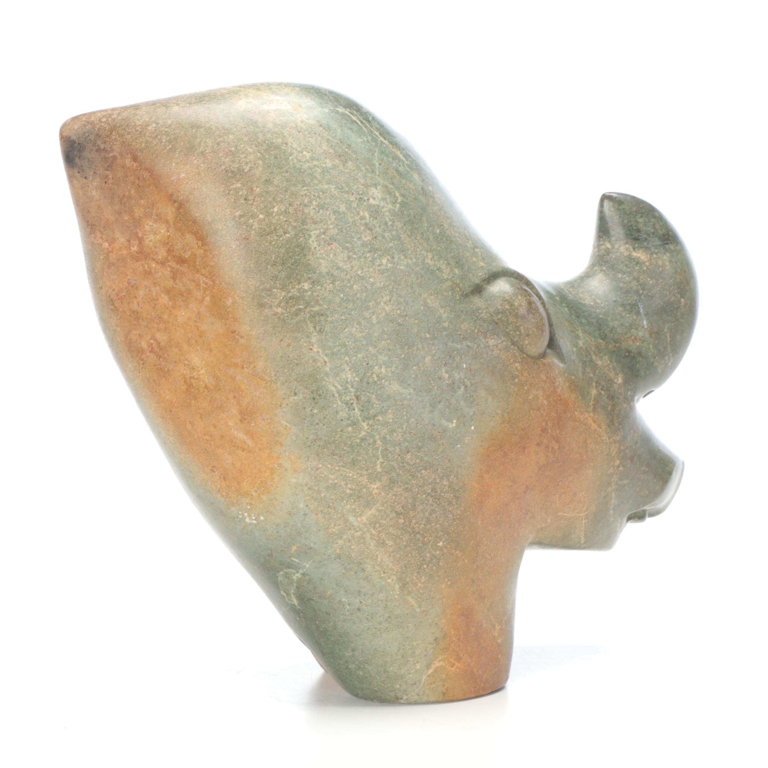 Bernard Matemera Carved Shona Sculpture of Rhino Head on Ashanti Stool