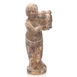 Hand-Carved Polychrome Wood Figure Carrying Basket