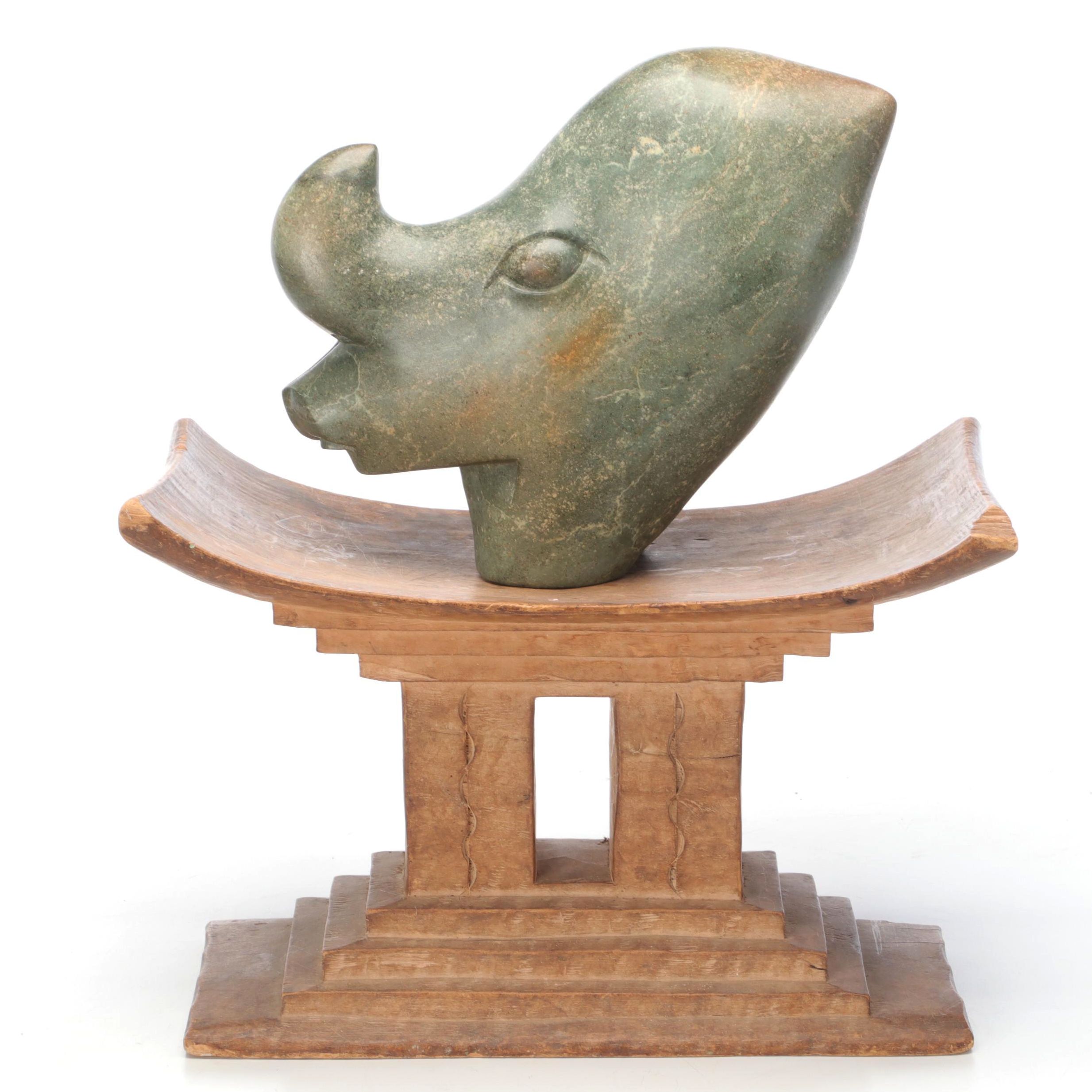 Bernard Matemera Carved Shona Sculpture of Rhino Head on Ashanti Stool
