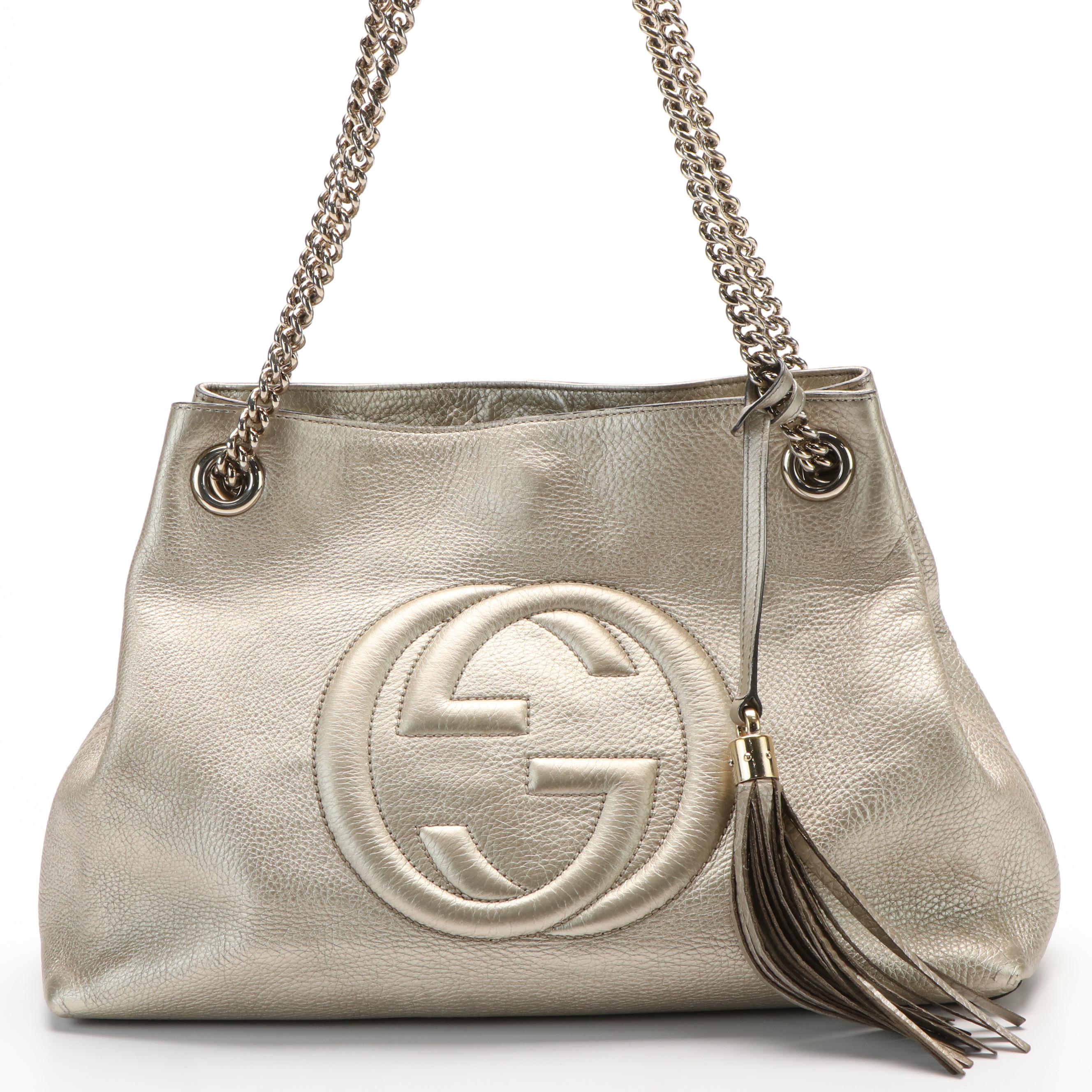 Gucci  Soho Metallic Beige Pebbled Leather Chain Tote Bag