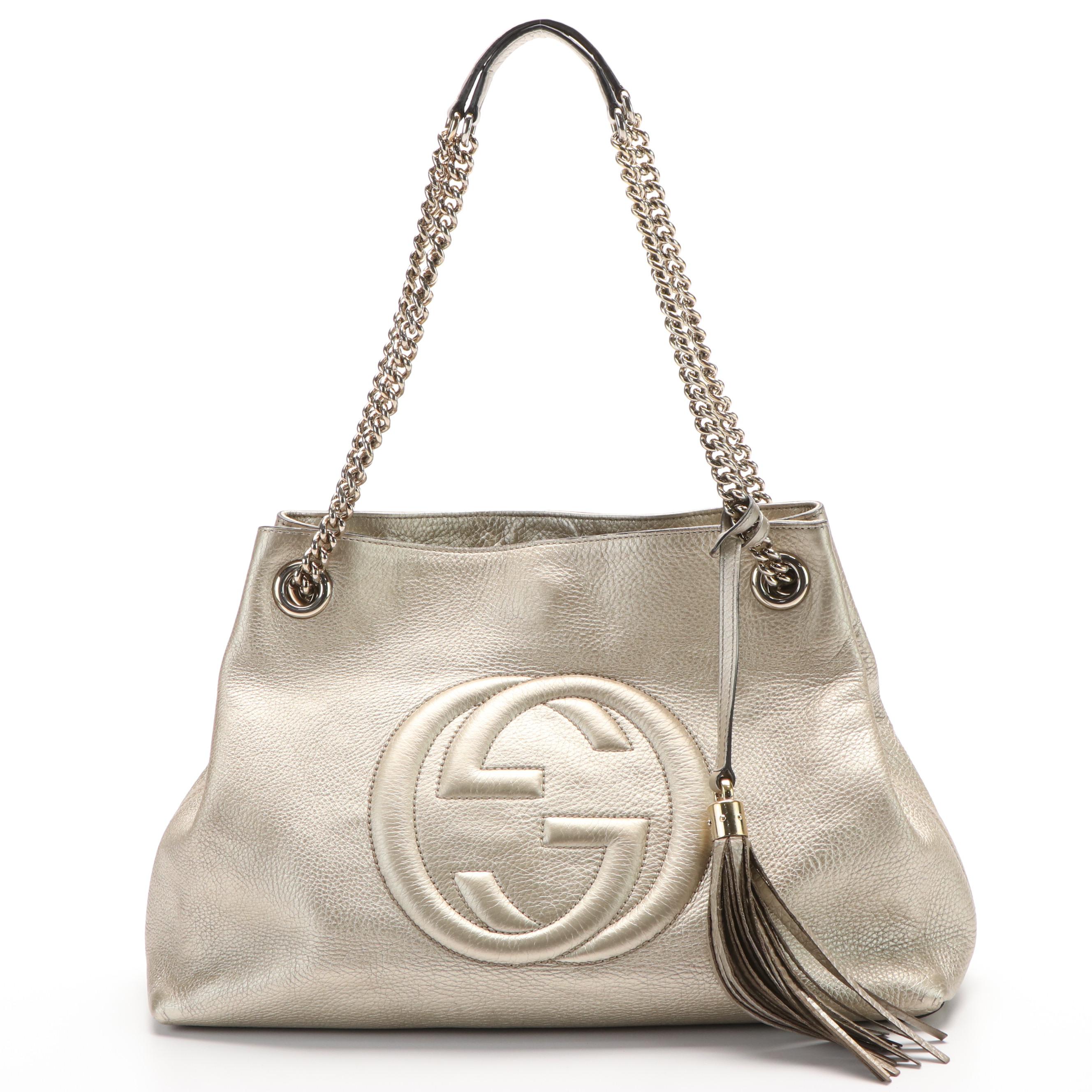 Gucci  Soho Metallic Beige Pebbled Leather Chain Tote Bag