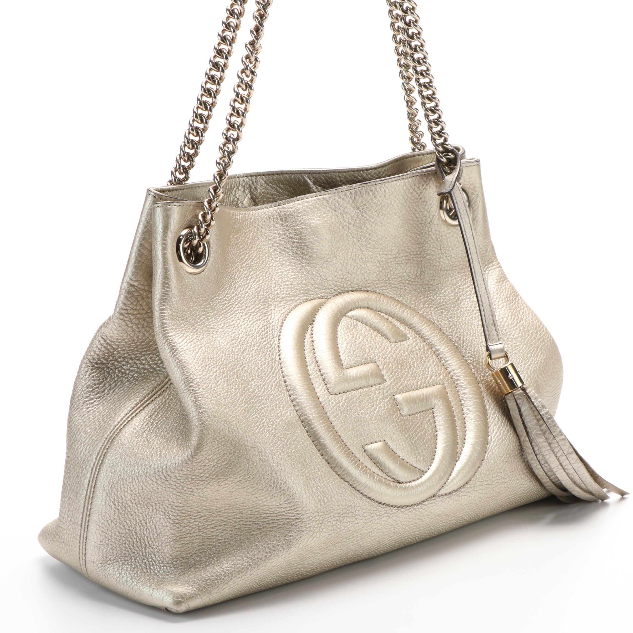 Gucci  Soho Metallic Beige Pebbled Leather Chain Tote Bag