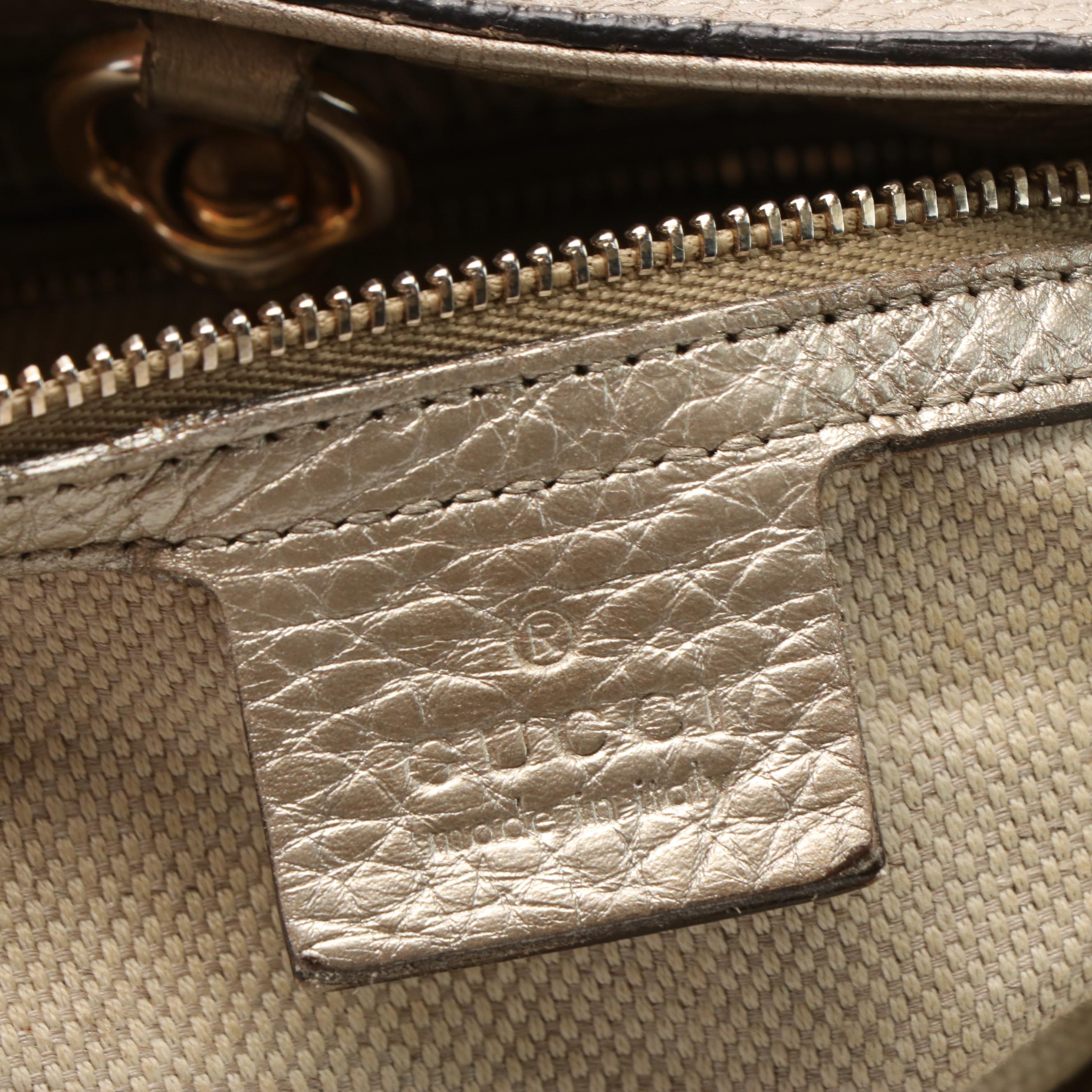 Gucci  Soho Metallic Beige Pebbled Leather Chain Tote Bag