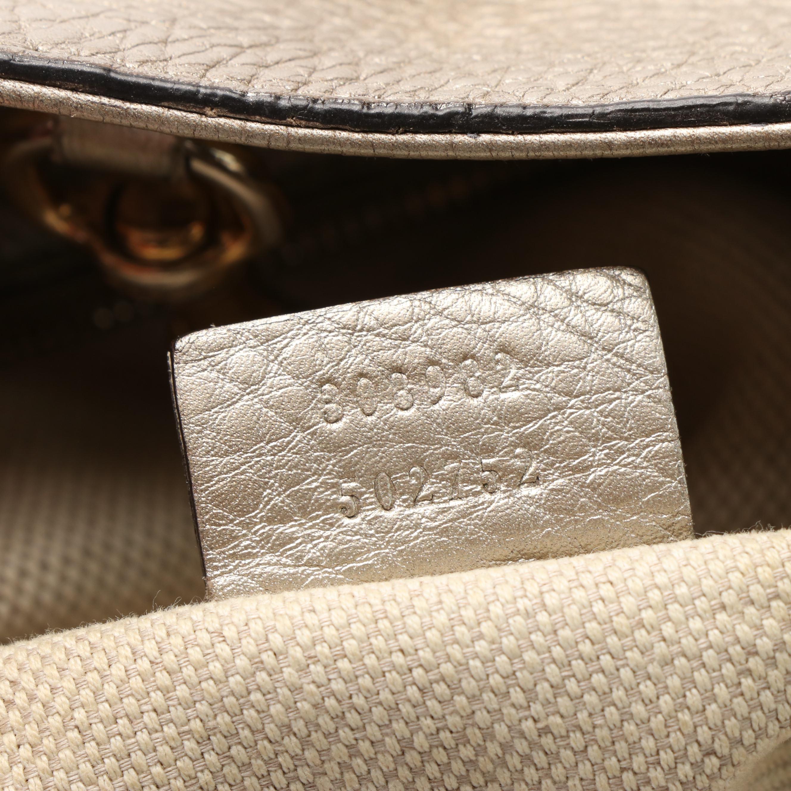 Gucci  Soho Metallic Beige Pebbled Leather Chain Tote Bag