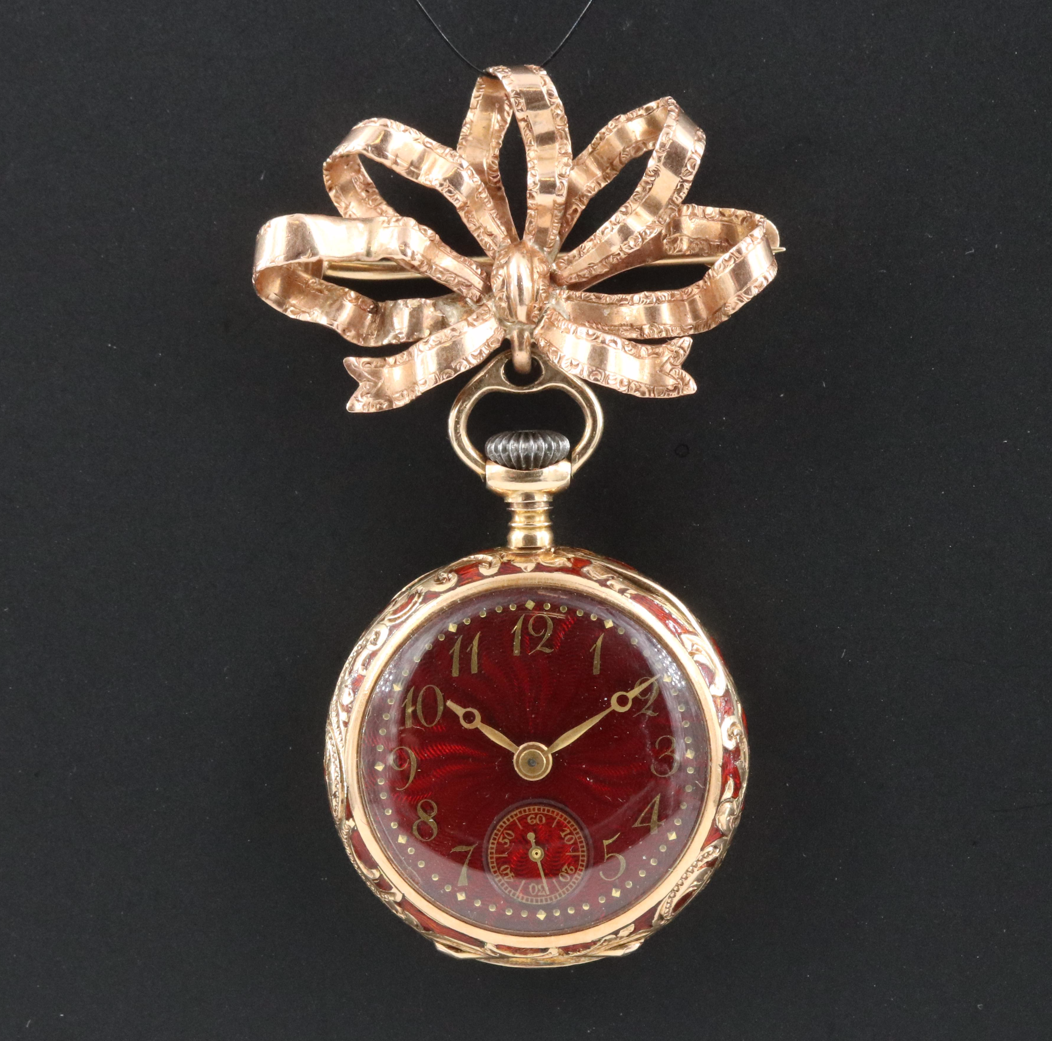 Longines 14K Red Enamel Ornate Putto Portrait Pocket Watch Pin