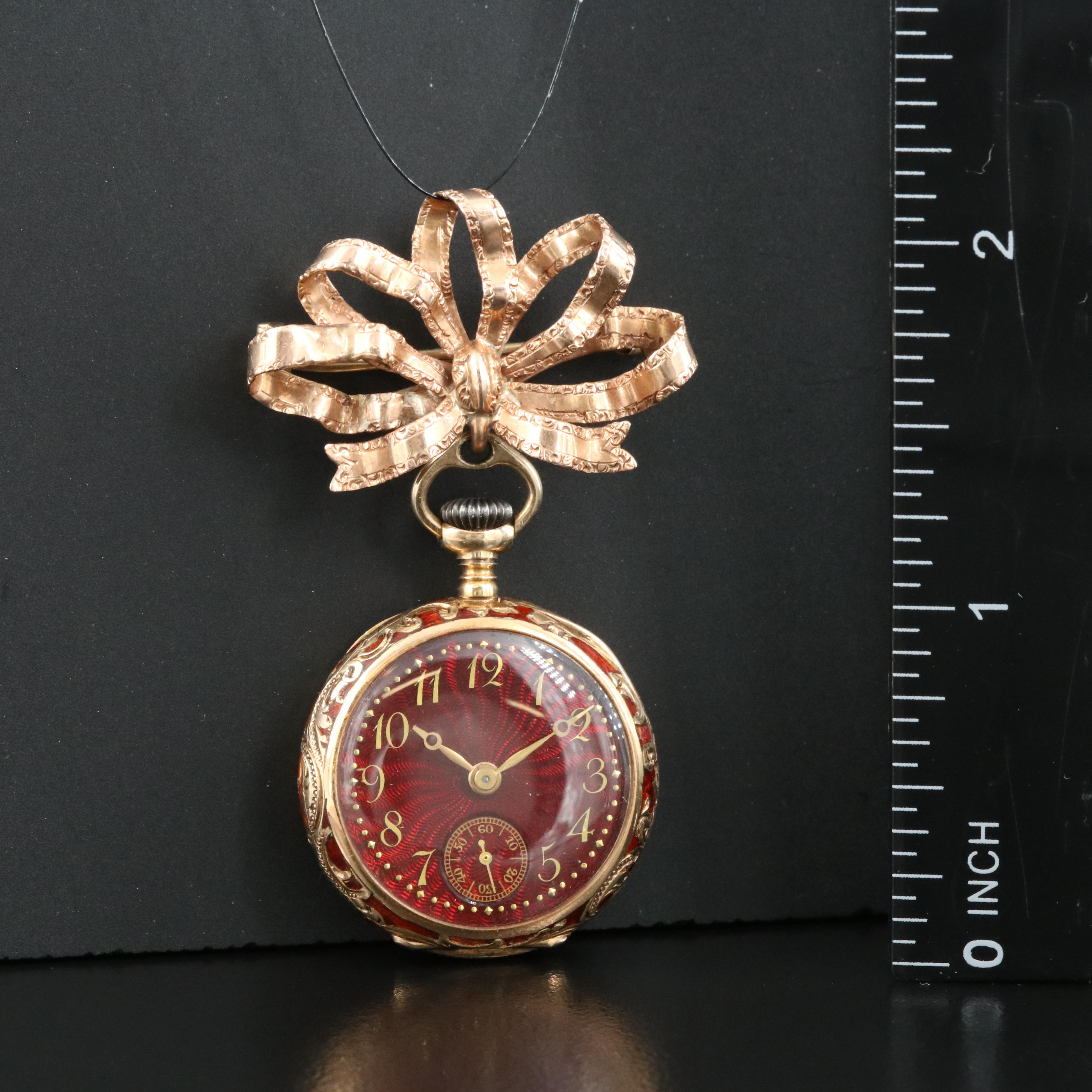 Longines 14K Red Enamel Ornate Putto Portrait Pocket Watch Pin