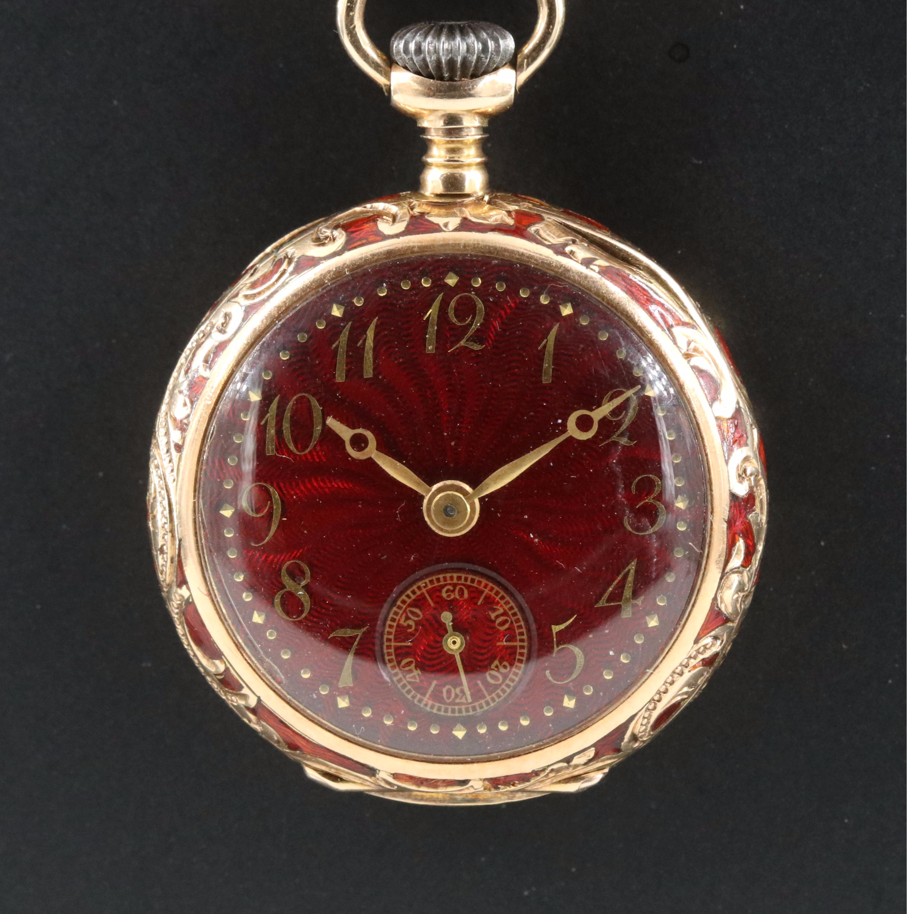 Longines 14K Red Enamel Ornate Putto Portrait Pocket Watch Pin