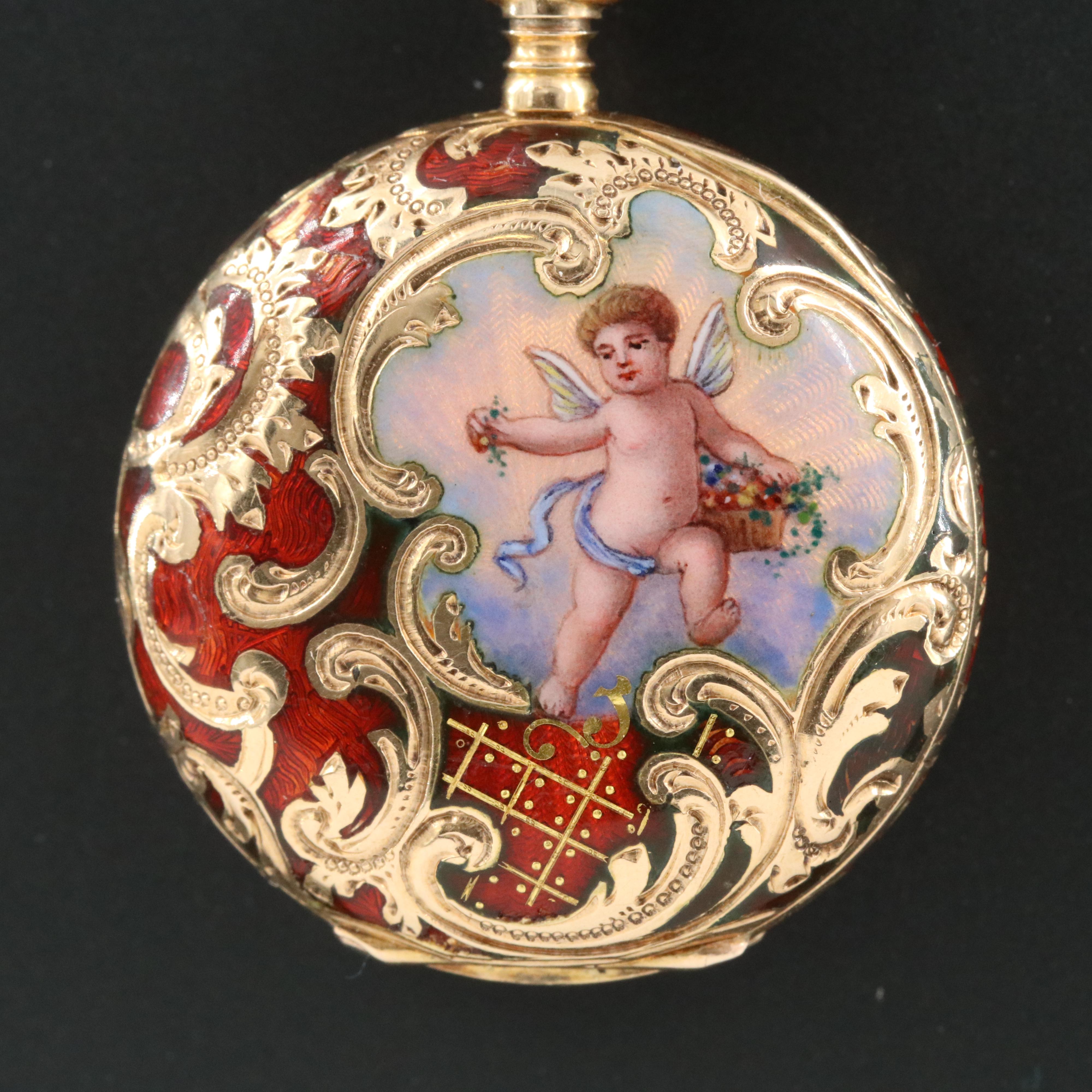 Longines 14K Red Enamel Ornate Putto Portrait Pocket Watch Pin