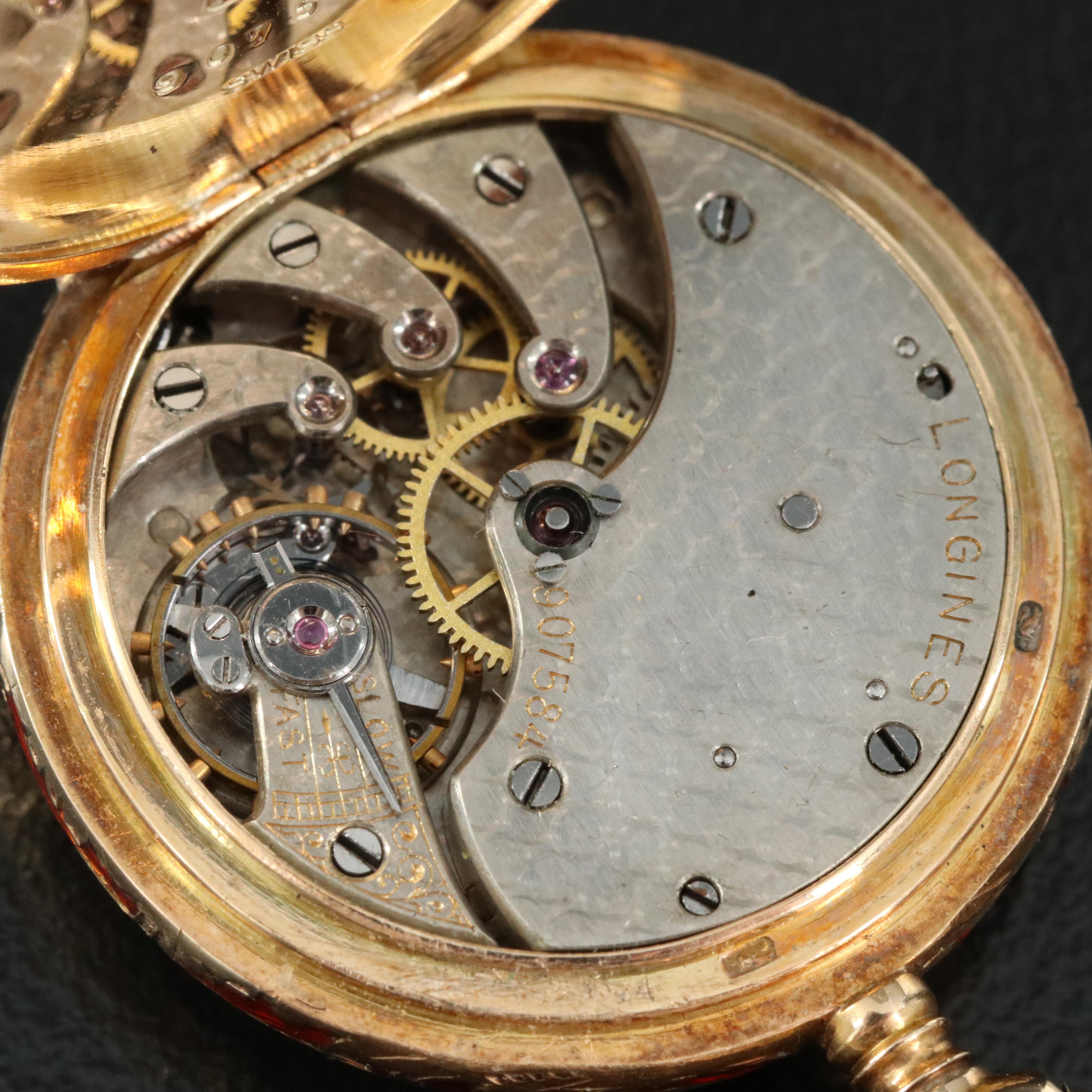 Longines 14K Red Enamel Ornate Putto Portrait Pocket Watch Pin