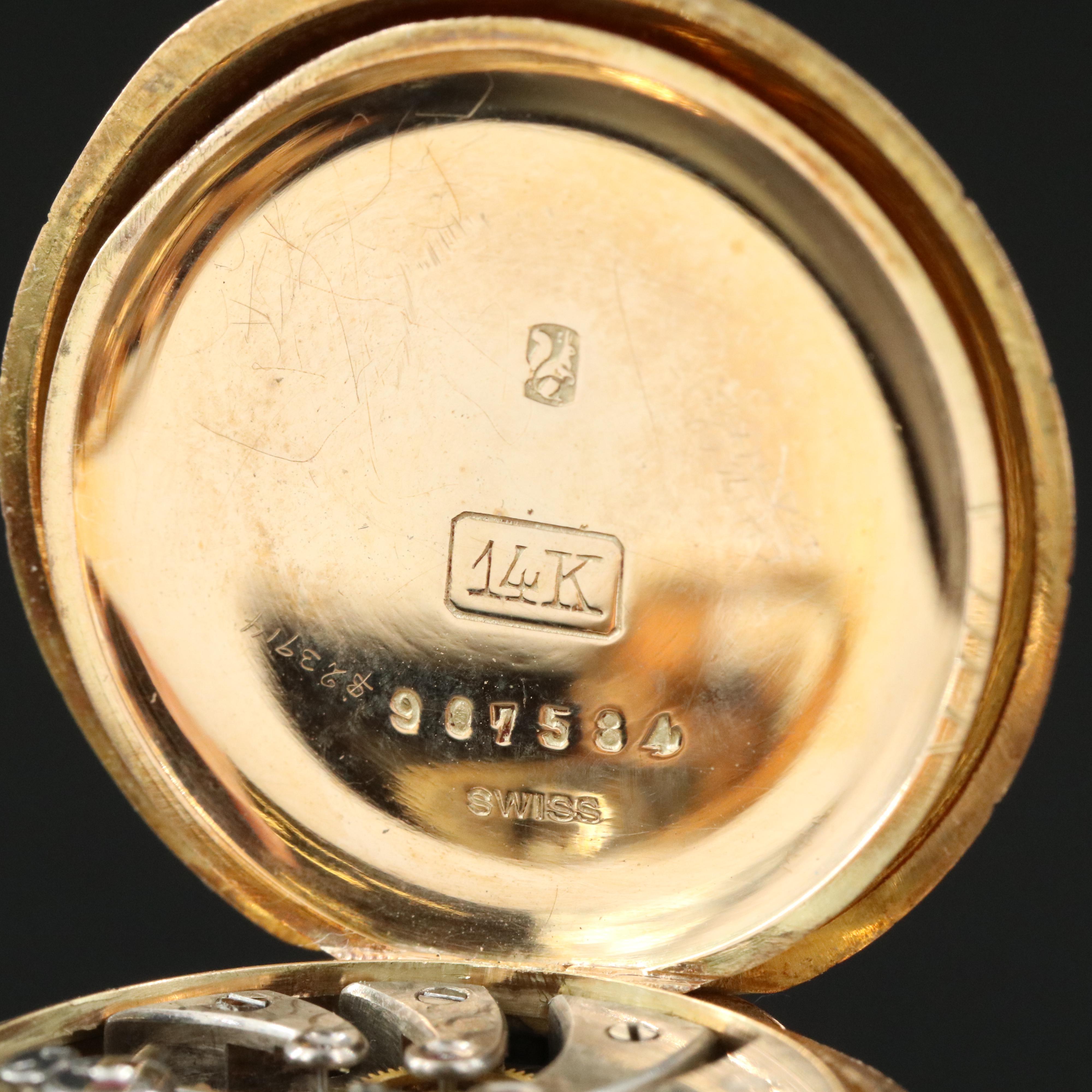 Longines 14K Red Enamel Ornate Putto Portrait Pocket Watch Pin