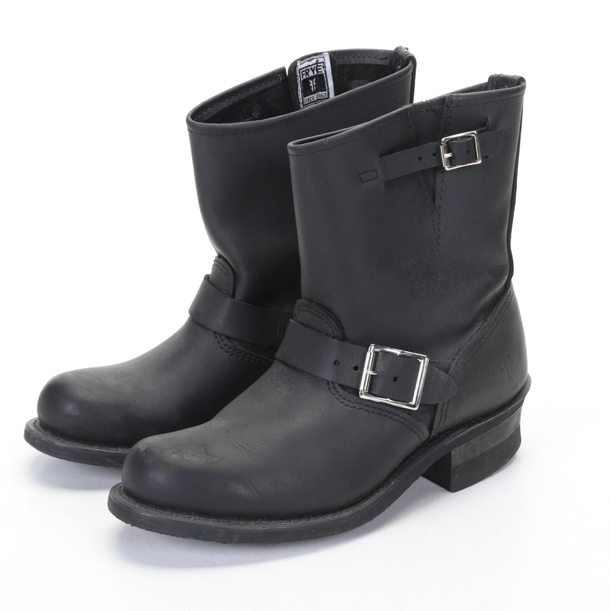 Frye Black Low Motorcycle Boots With Silver Tone Buckles, Size 8
