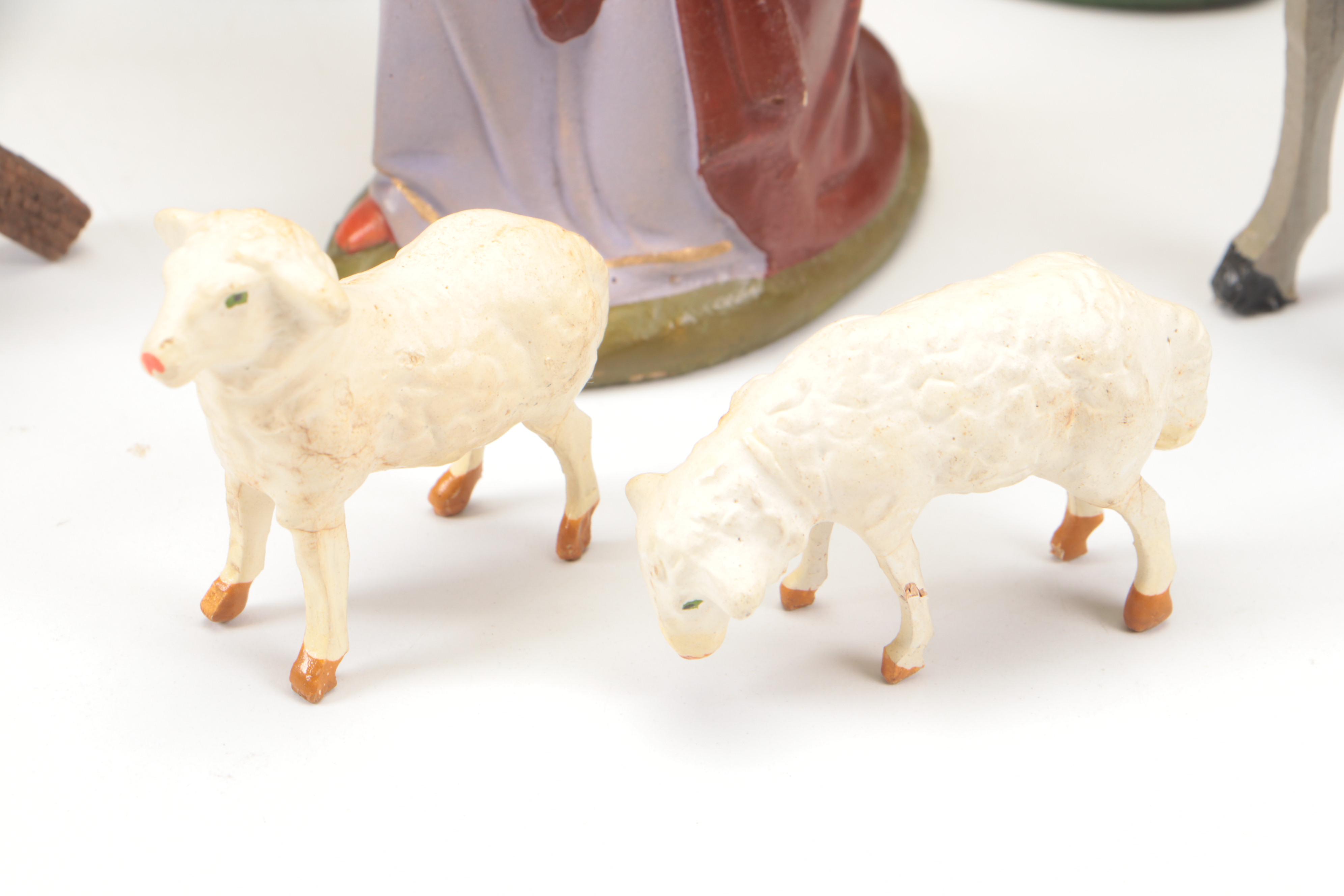 German Papier-mâché Nativity Set with Figurines and Framed House Blessing