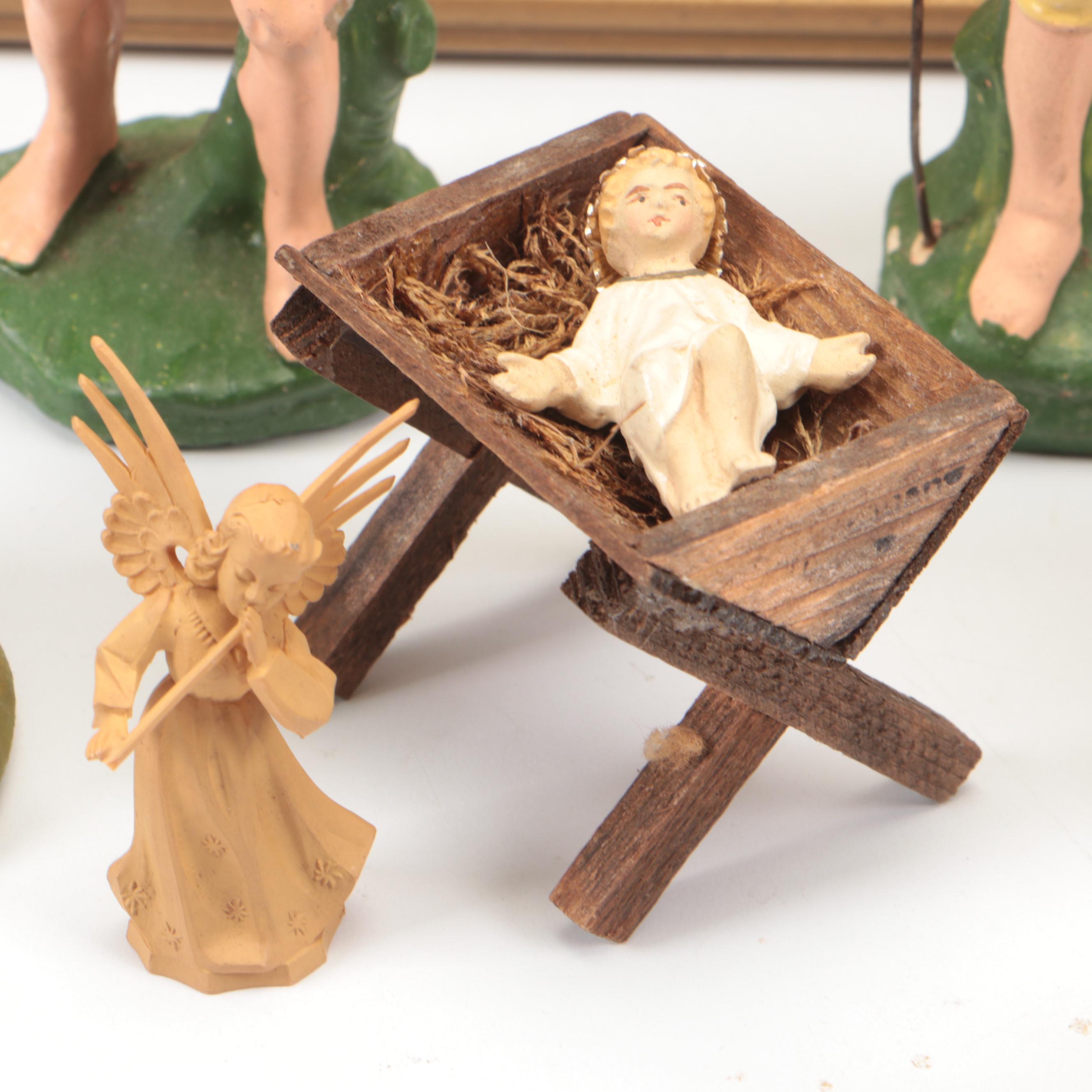 German Papier-mâché Nativity Set with Figurines and Framed House Blessing