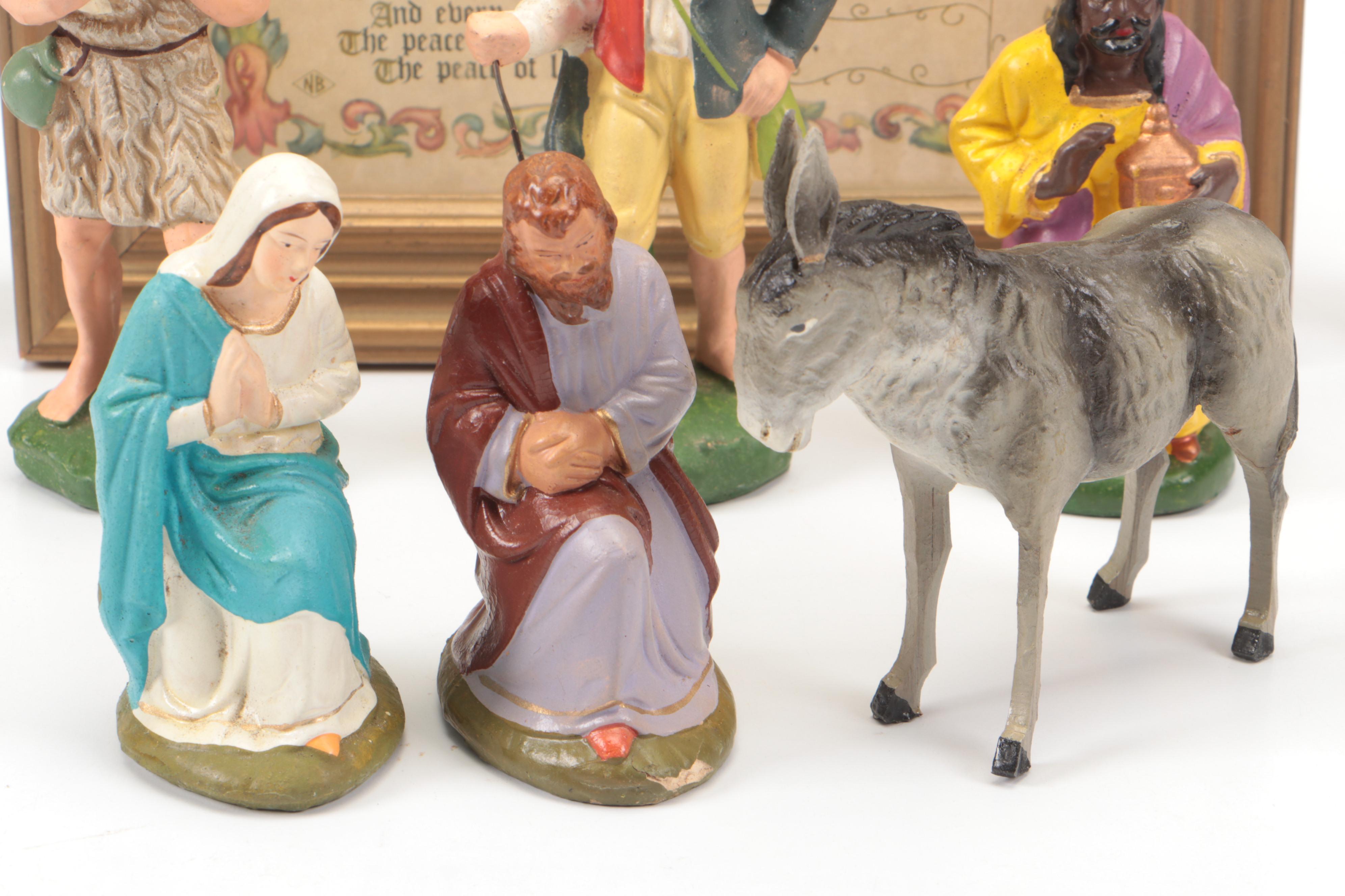 German Papier-mâché Nativity Set with Figurines and Framed House Blessing