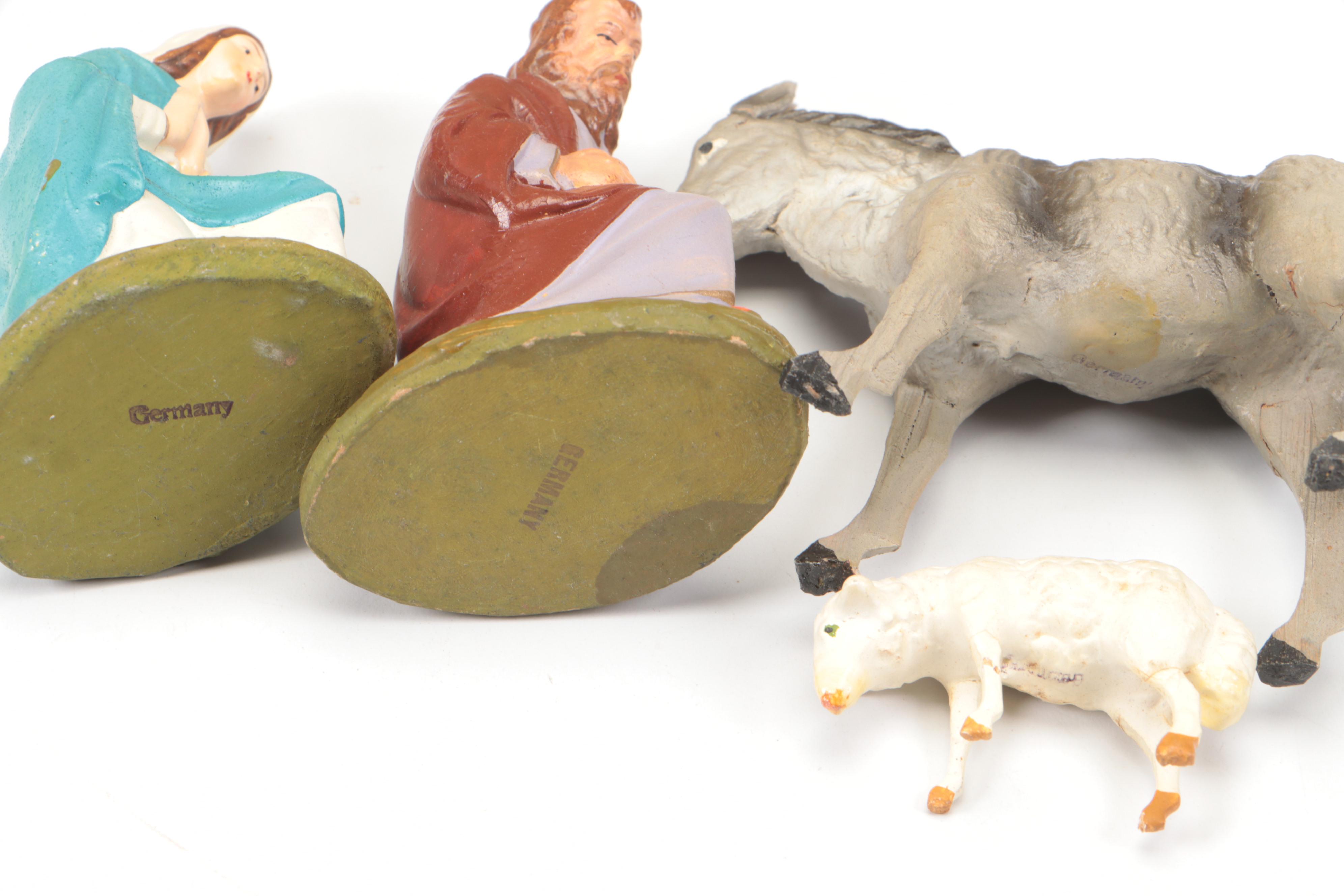 German Papier-mâché Nativity Set with Figurines and Framed House Blessing