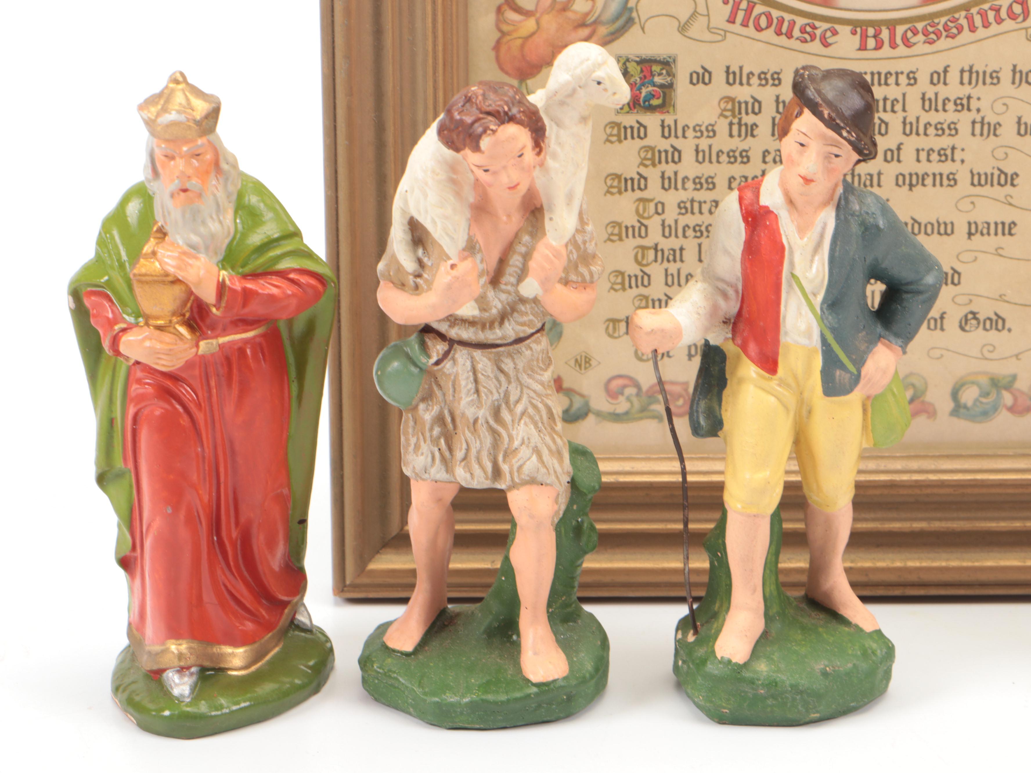 German Papier-mâché Nativity Set with Figurines and Framed House Blessing