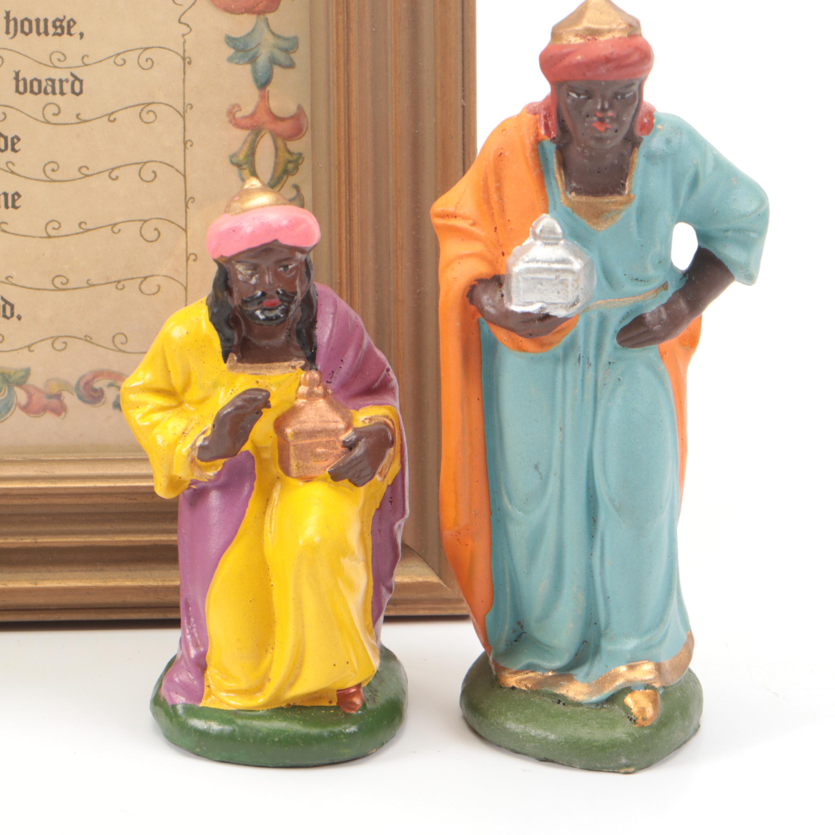 German Papier-mâché Nativity Set with Figurines and Framed House Blessing