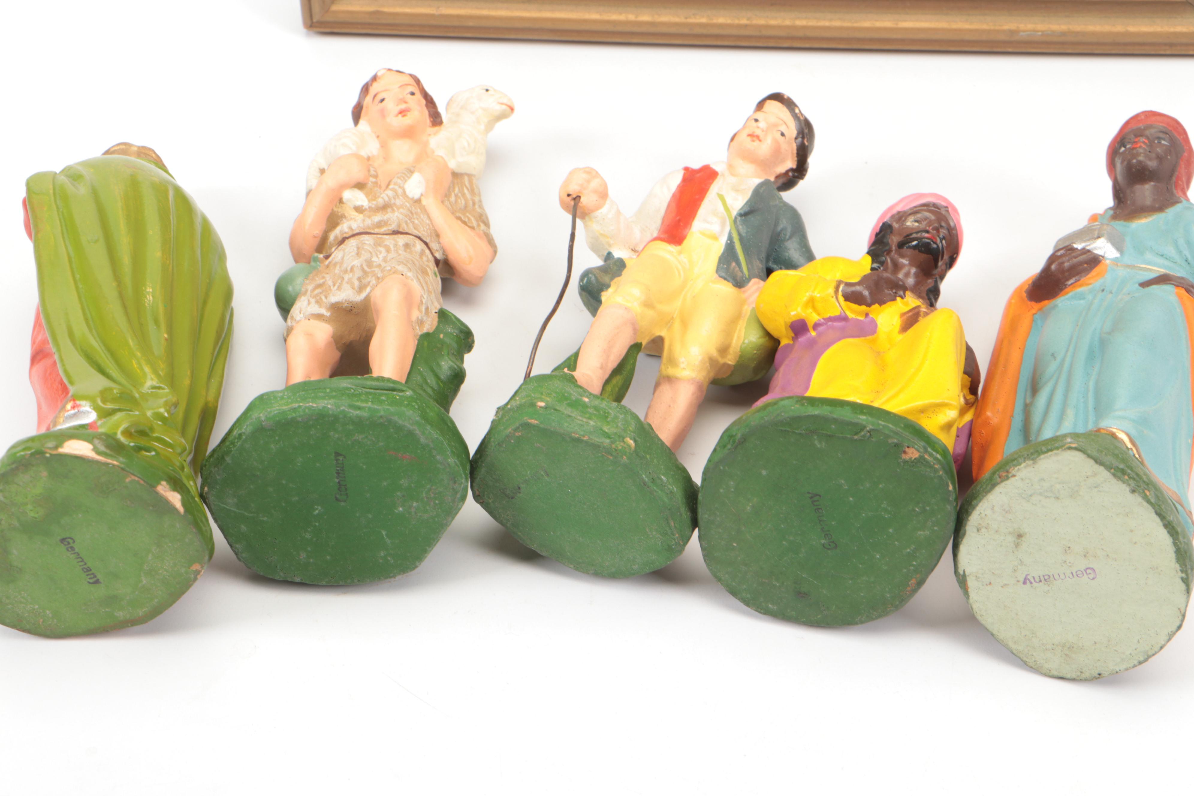 German Papier-mâché Nativity Set with Figurines and Framed House Blessing