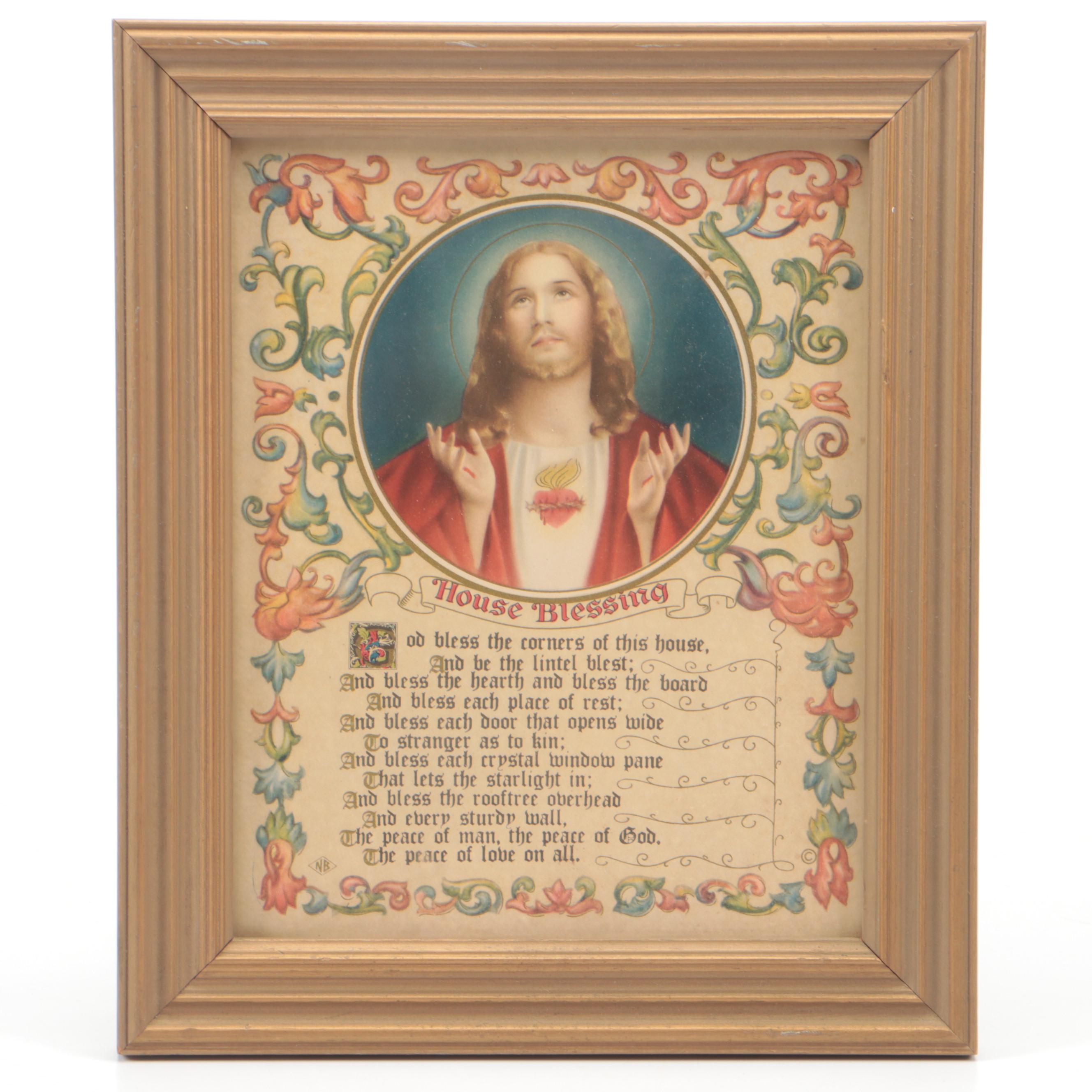 German Papier-mâché Nativity Set with Figurines and Framed House Blessing