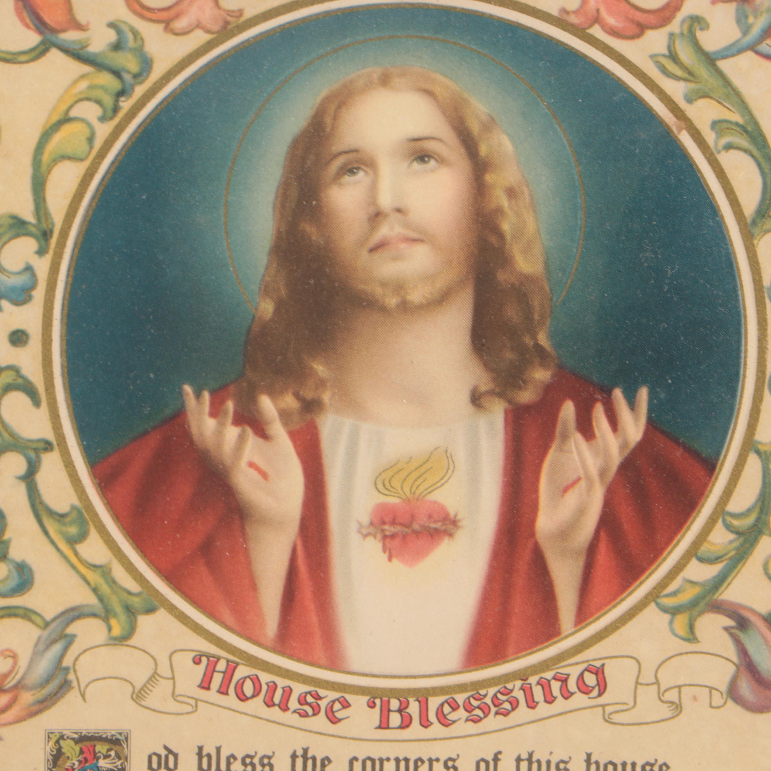 German Papier-mâché Nativity Set with Figurines and Framed House Blessing