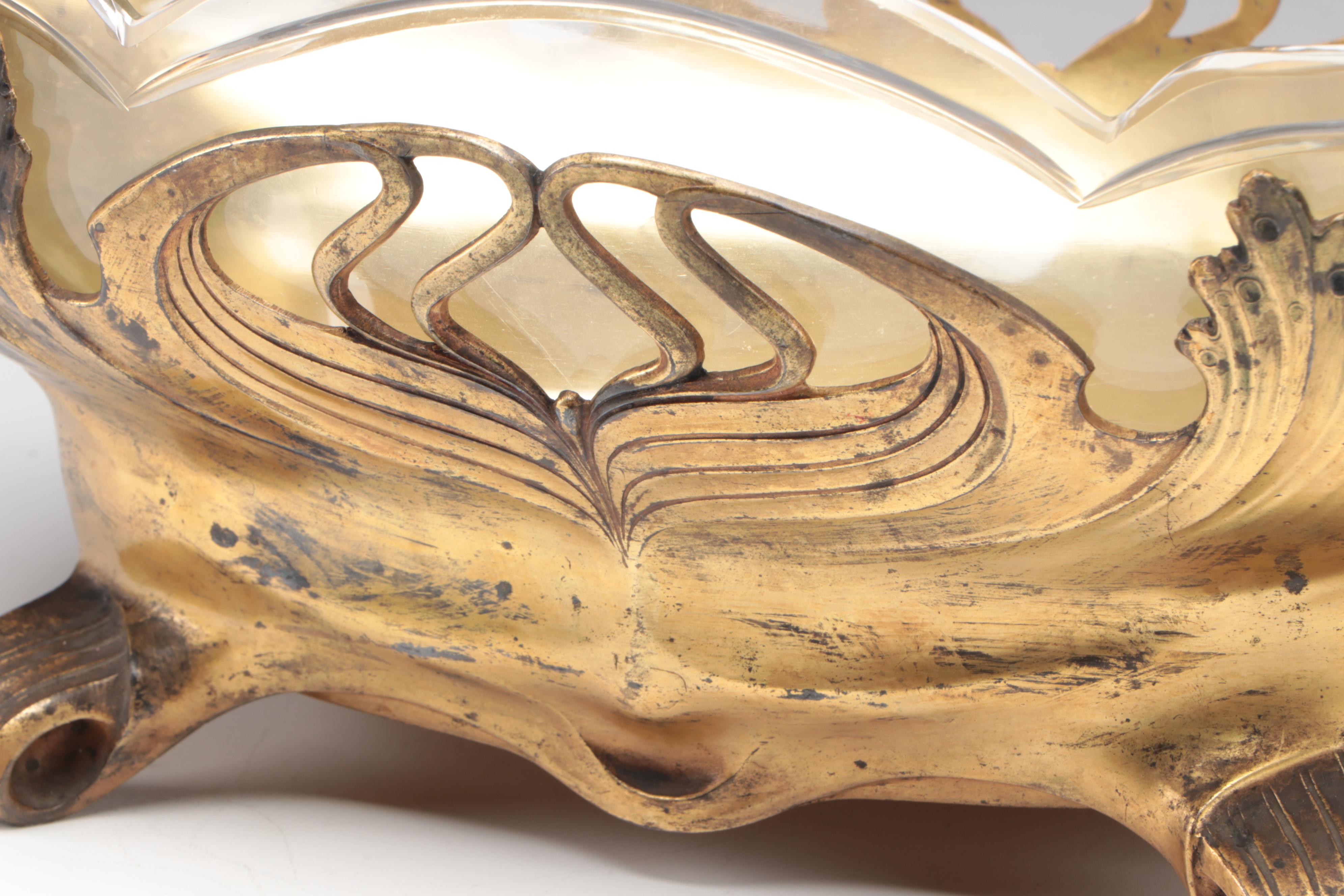 Orivit German Art Nouveau Gilt Metal Mounted Glass Centerpiece Bowl