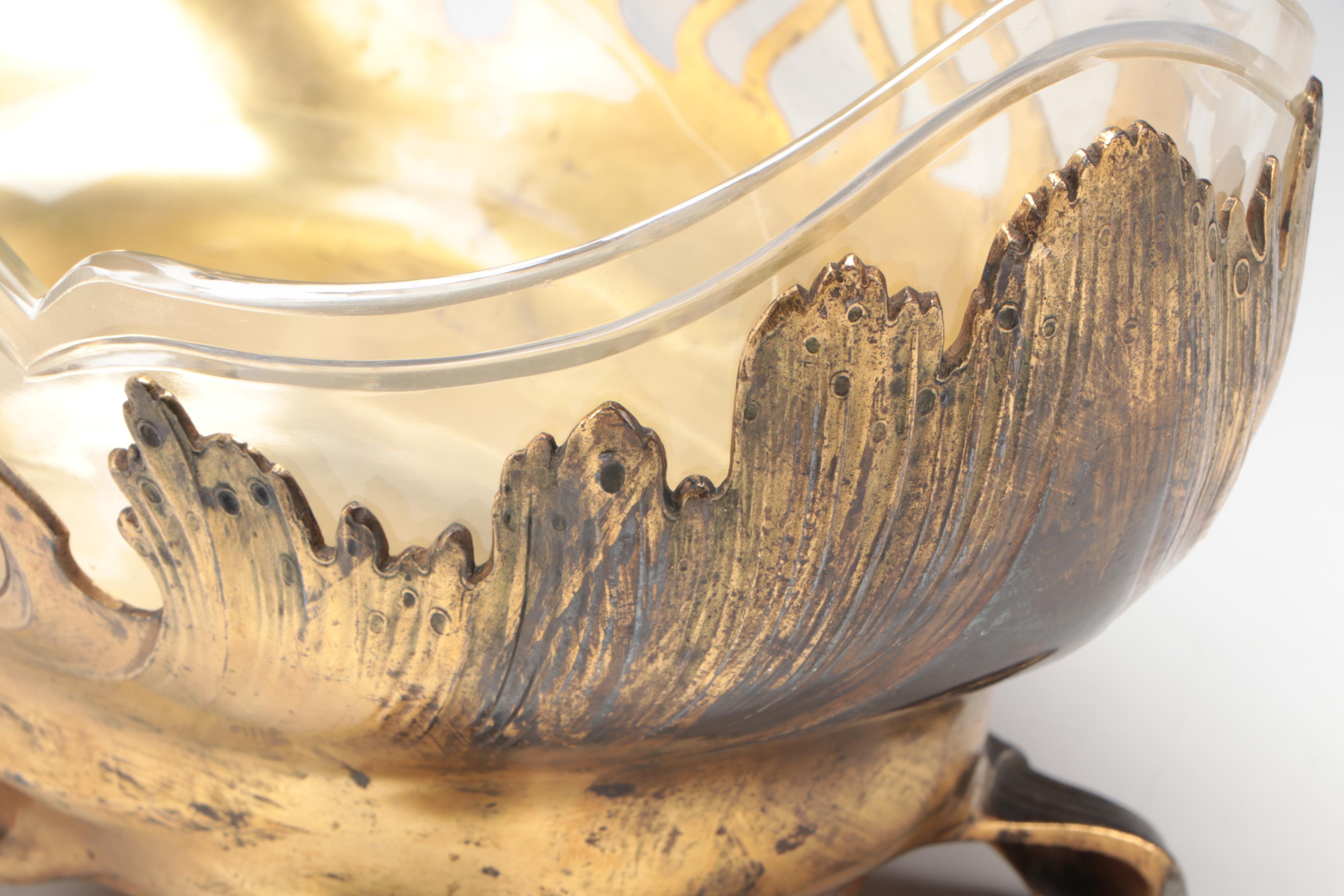 Orivit German Art Nouveau Gilt Metal Mounted Glass Centerpiece Bowl