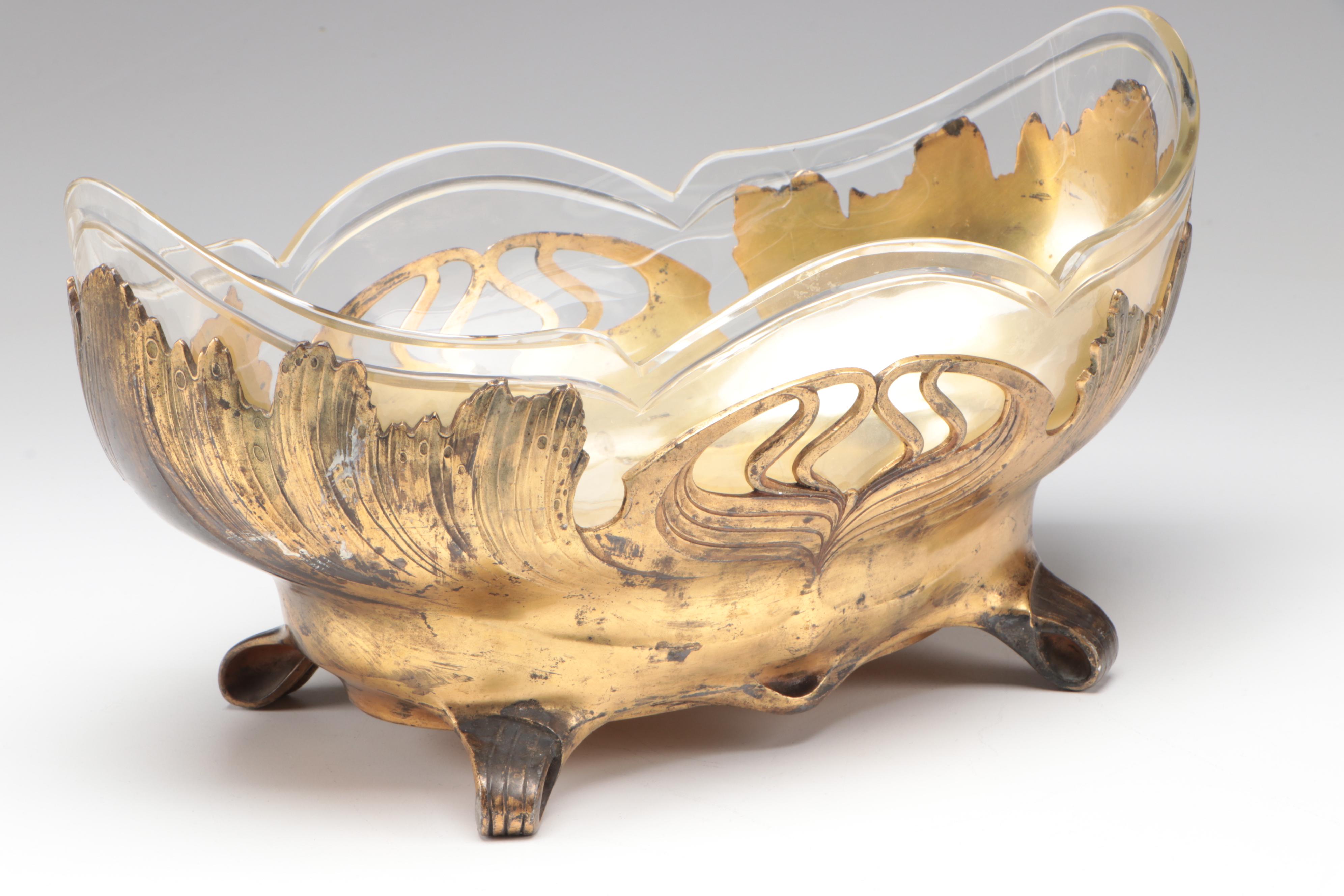 Orivit German Art Nouveau Gilt Metal Mounted Glass Centerpiece Bowl