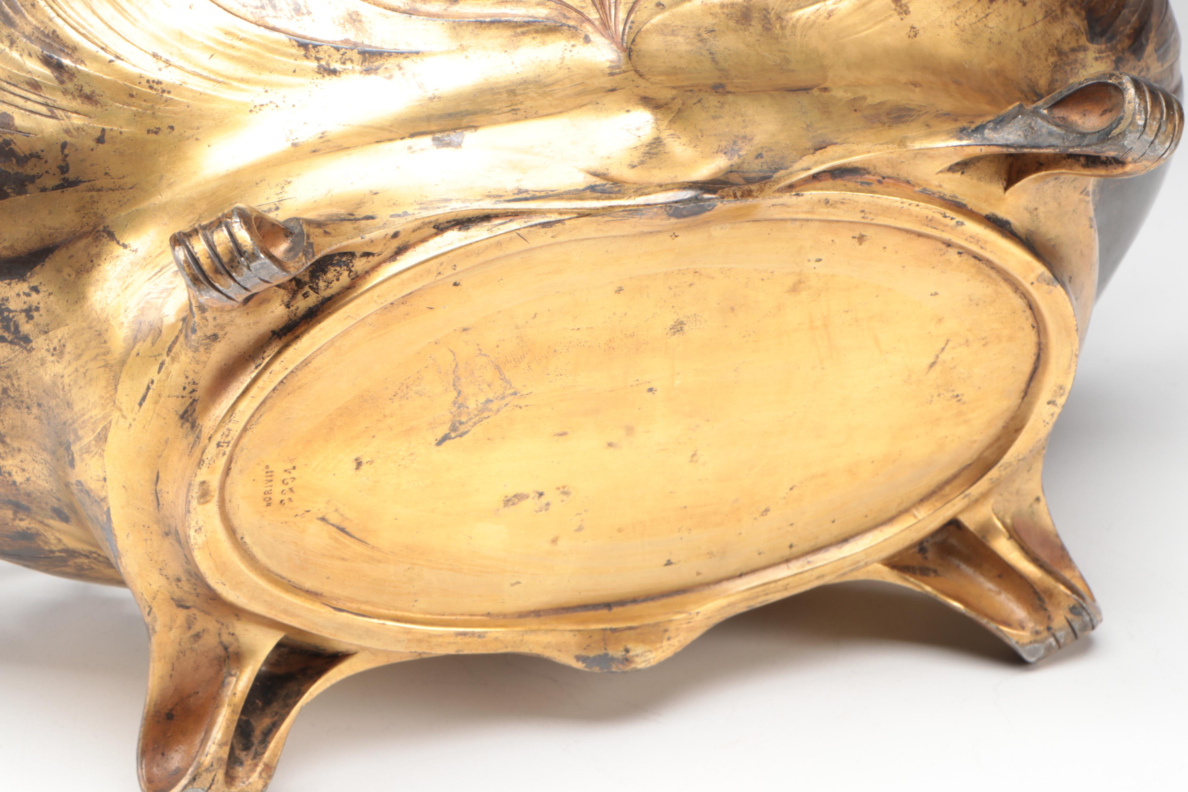 Orivit German Art Nouveau Gilt Metal Mounted Glass Centerpiece Bowl