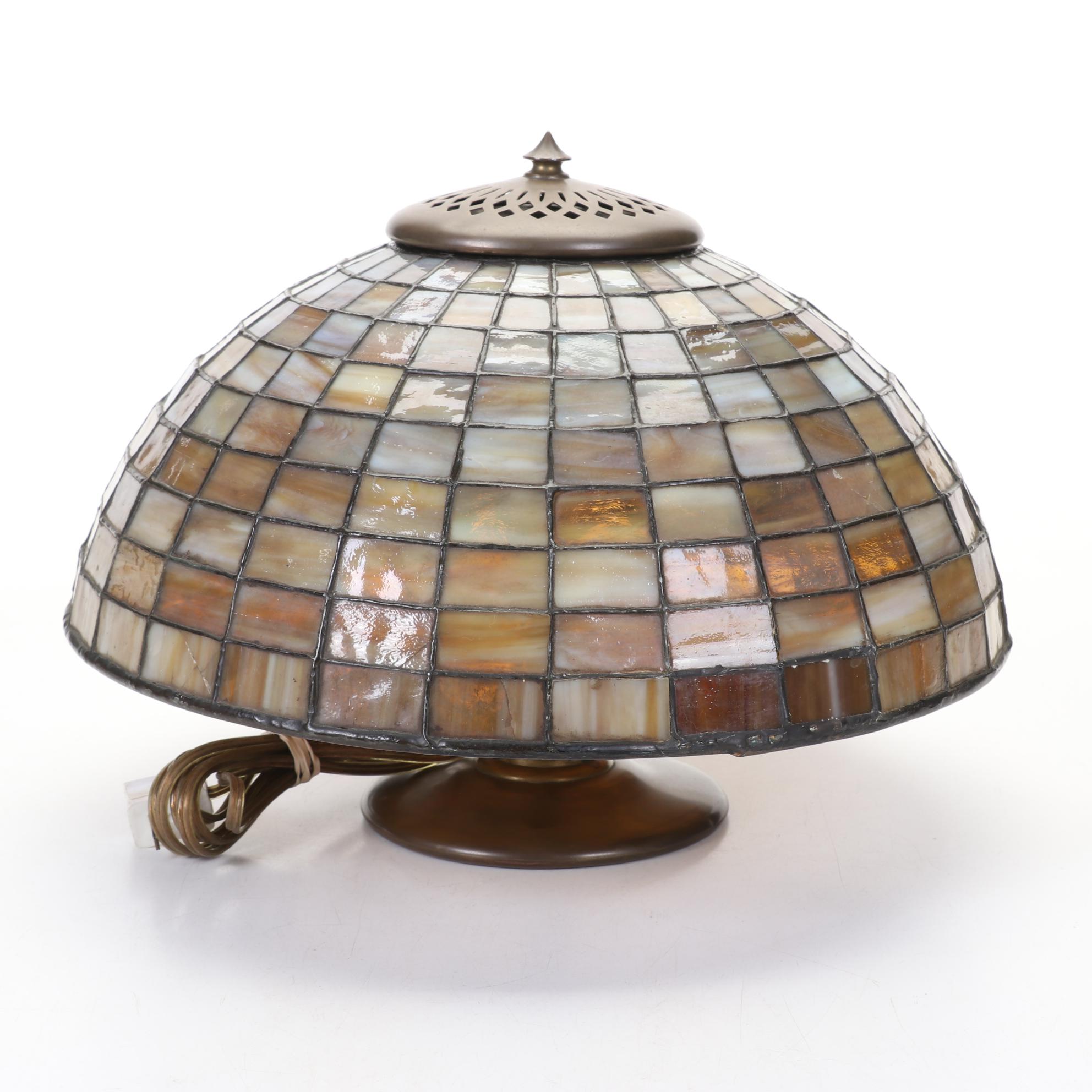 Late Victorian Slag Glass Shade and Partial Lamp Base with Stand, Early 20th C