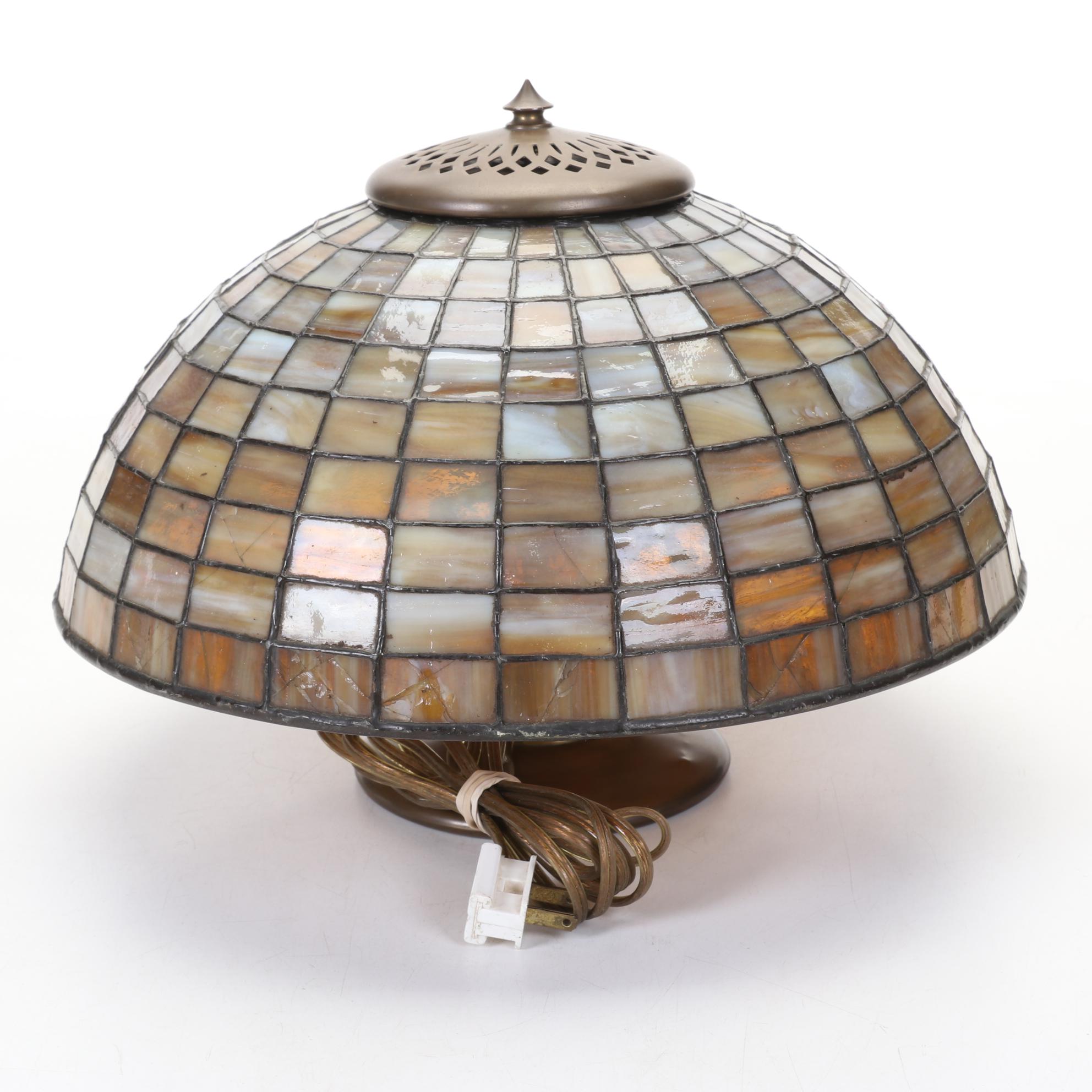 Late Victorian Slag Glass Shade and Partial Lamp Base with Stand, Early 20th C