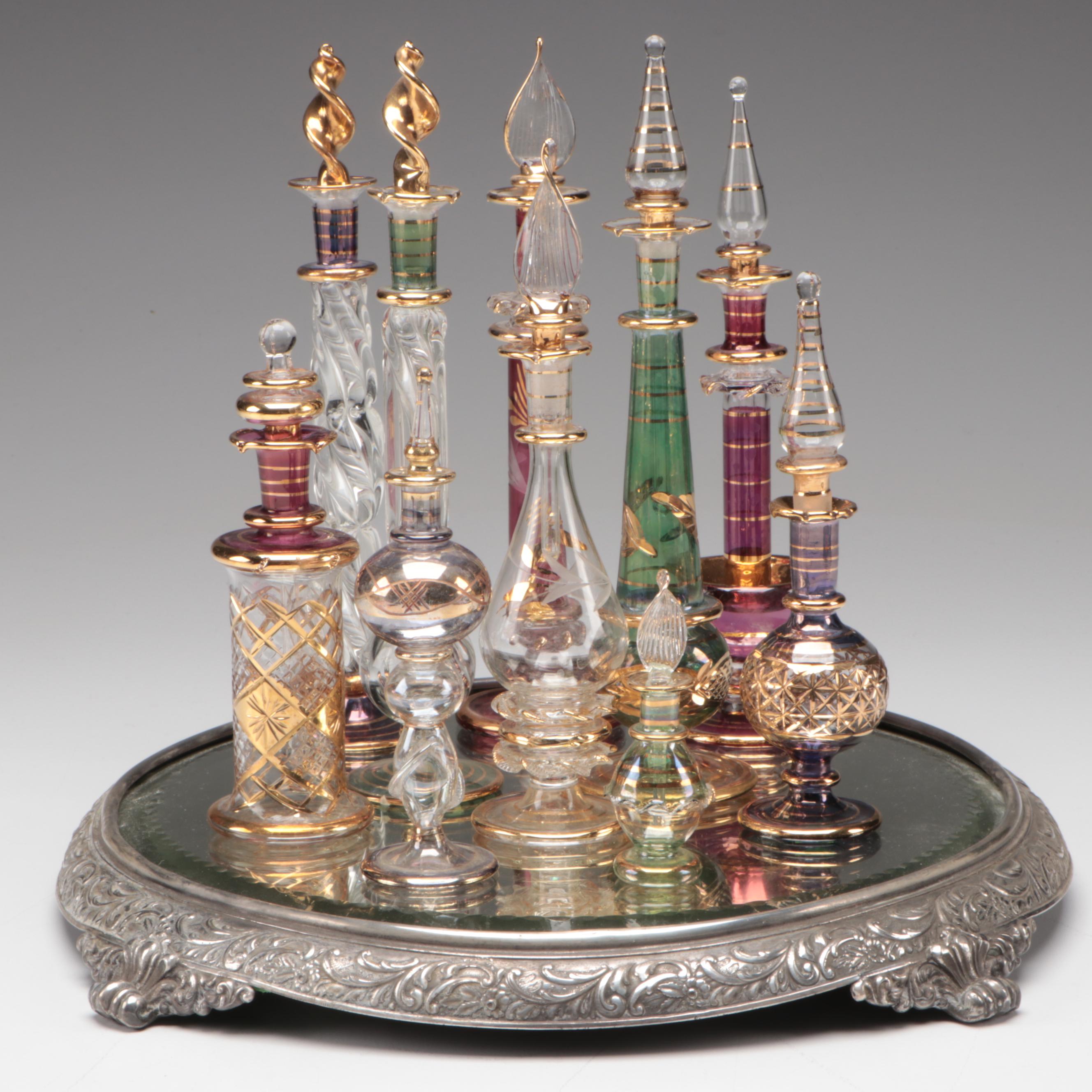 Sterling Silver Vanity Mirror/Tray with Egyptian Blown Glass Perfume Bottles