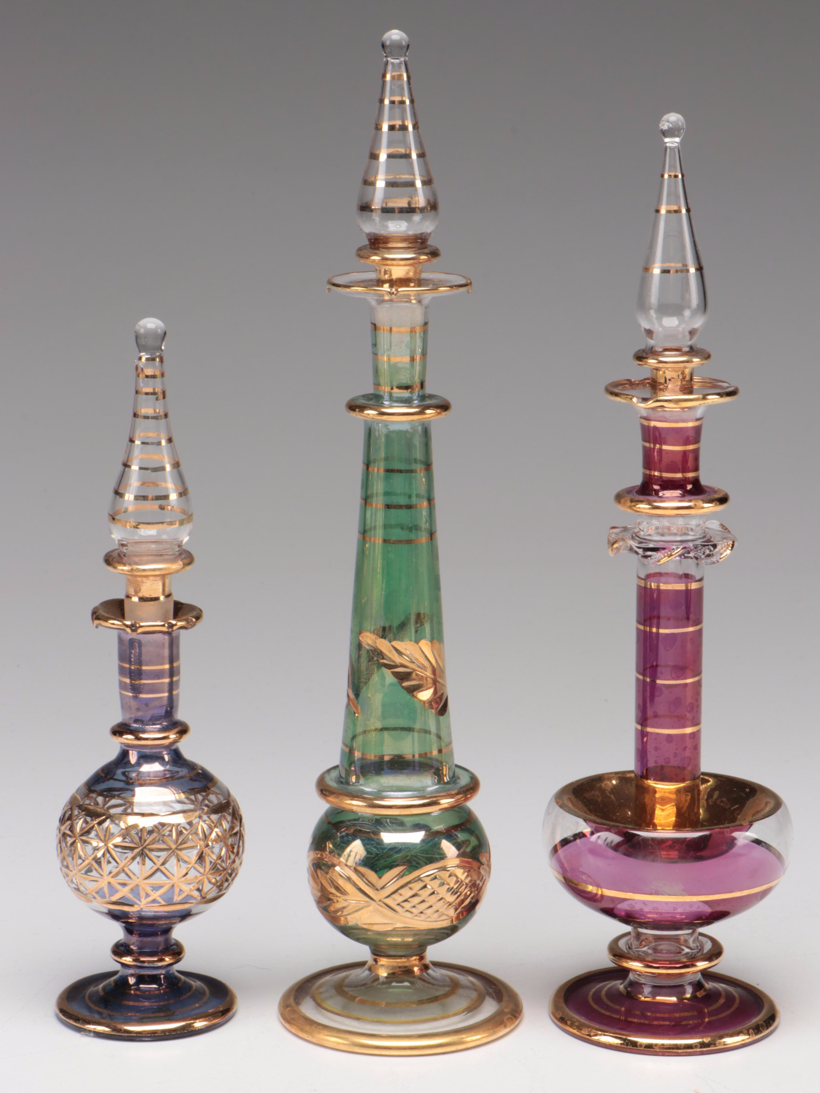 Sterling Silver Vanity Mirror/Tray with Egyptian Blown Glass Perfume Bottles