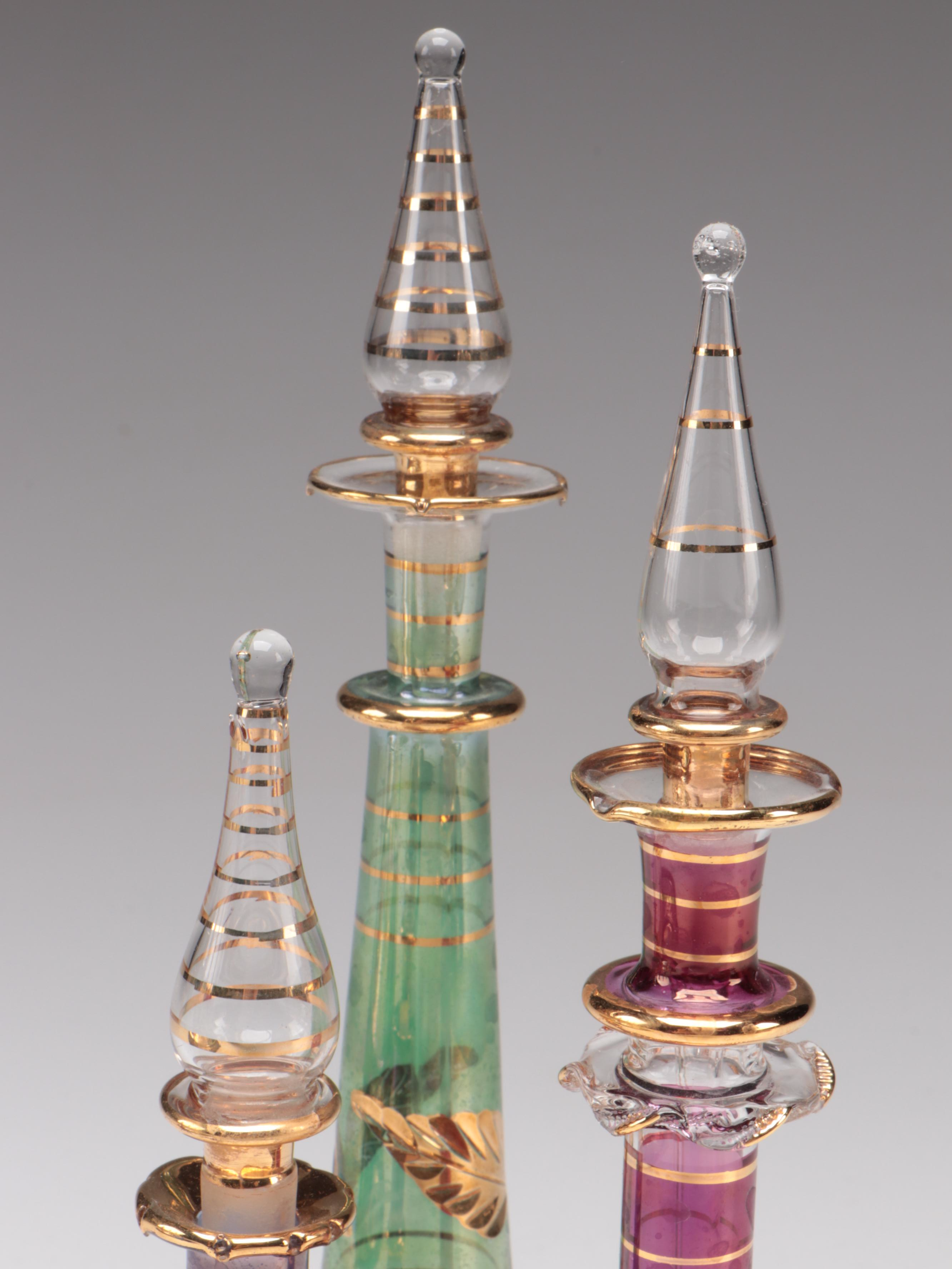 Sterling Silver Vanity Mirror/Tray with Egyptian Blown Glass Perfume Bottles