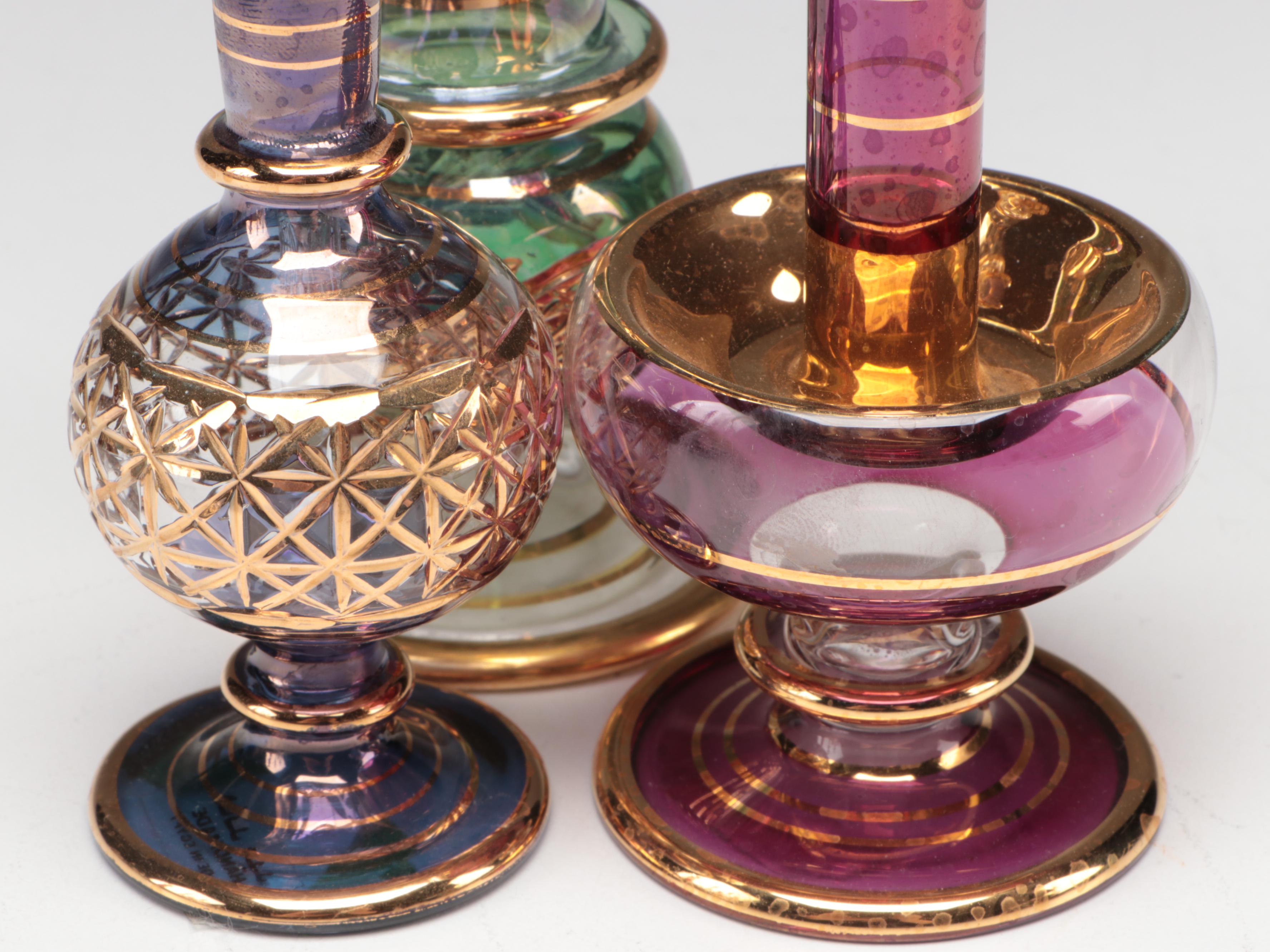 Sterling Silver Vanity Mirror/Tray with Egyptian Blown Glass Perfume Bottles