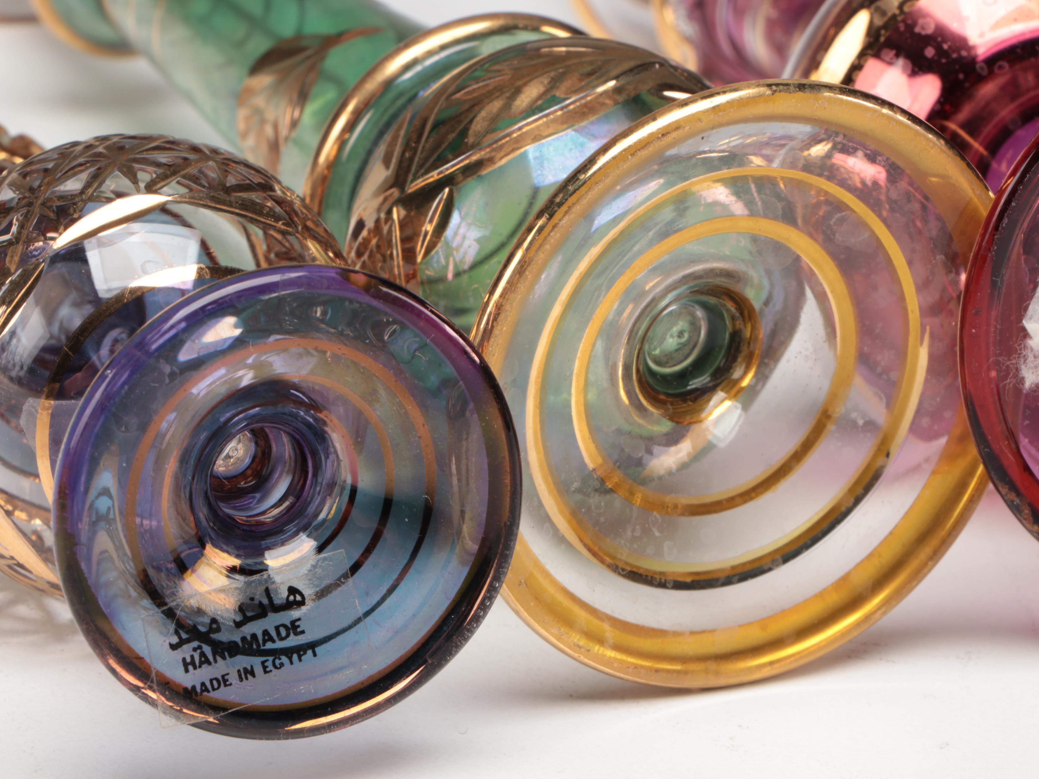 Sterling Silver Vanity Mirror/Tray with Egyptian Blown Glass Perfume Bottles