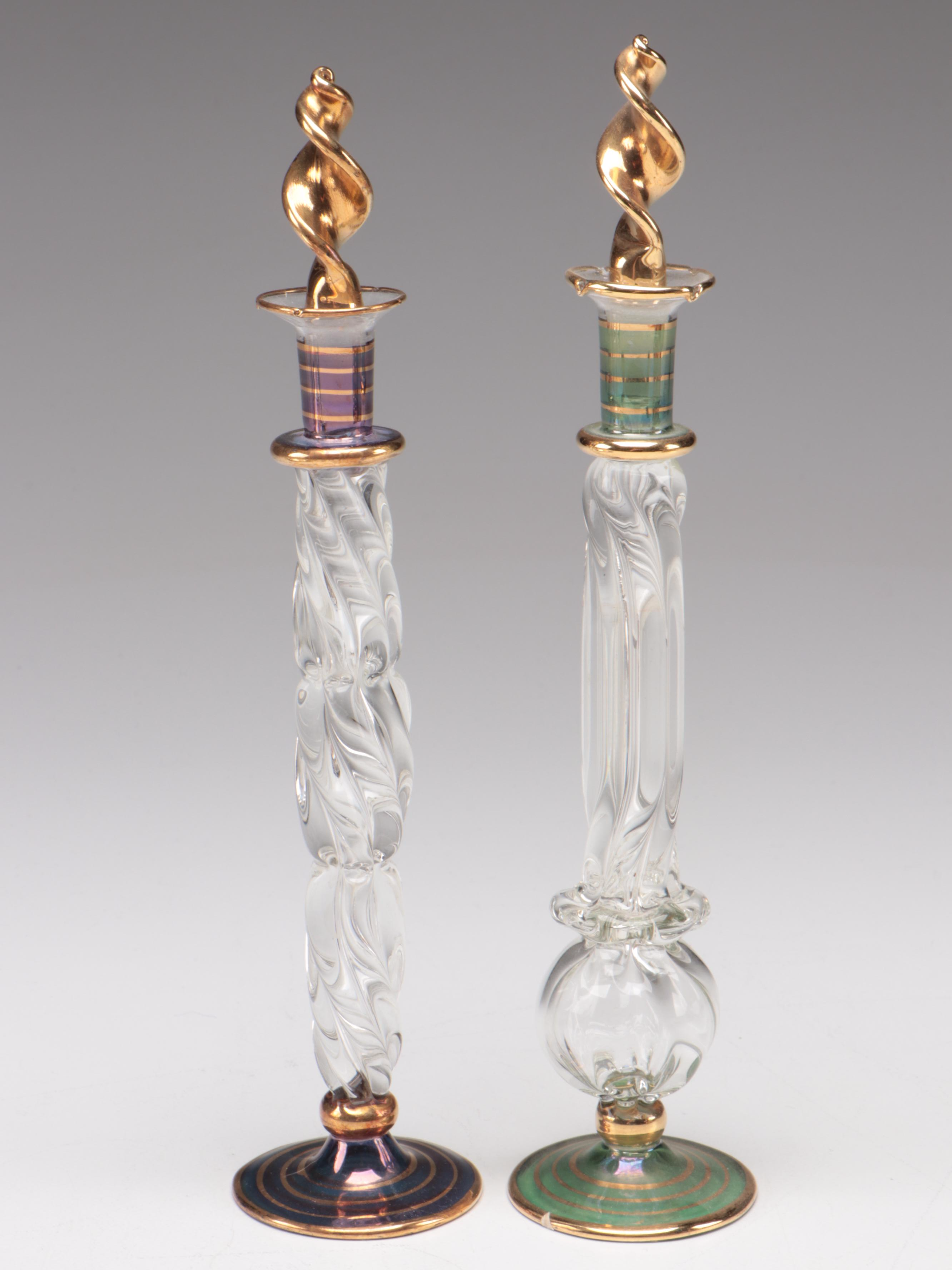 Sterling Silver Vanity Mirror/Tray with Egyptian Blown Glass Perfume Bottles