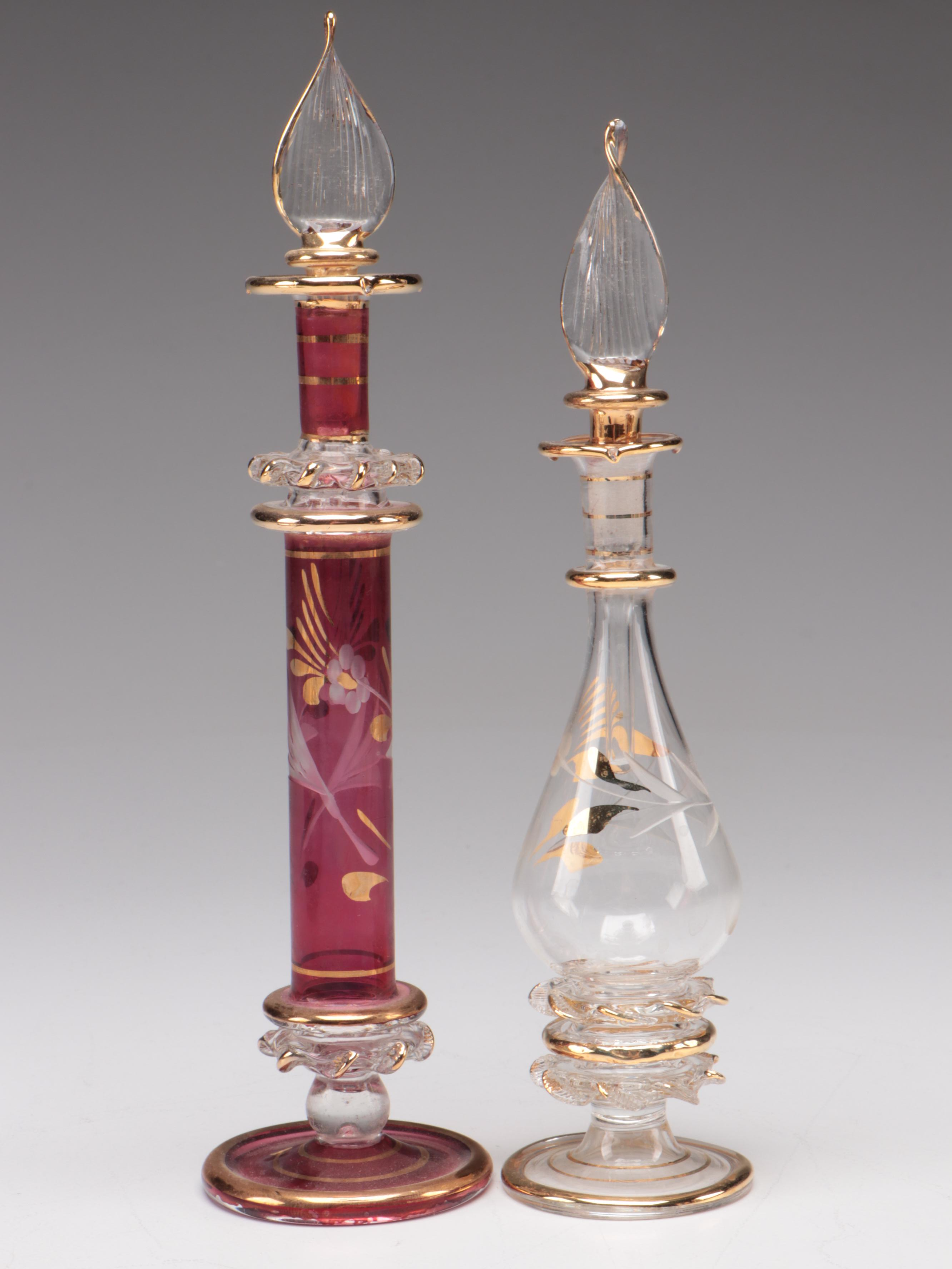 Sterling Silver Vanity Mirror/Tray with Egyptian Blown Glass Perfume Bottles