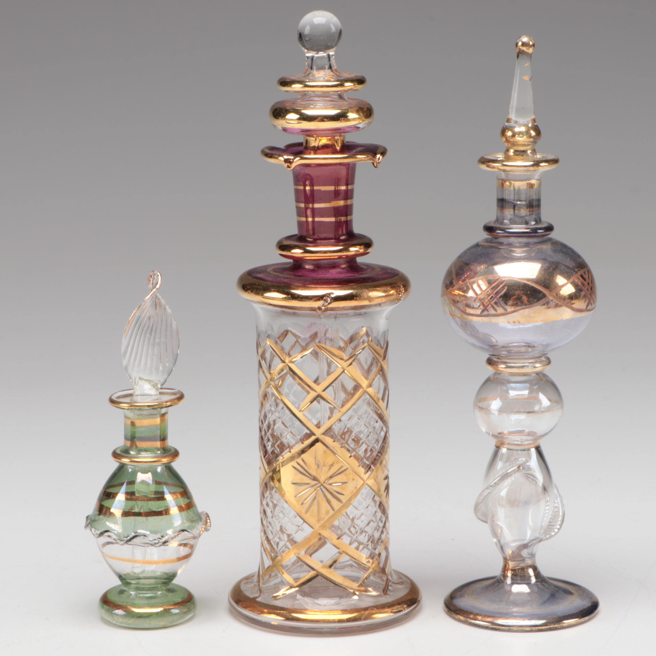 Sterling Silver Vanity Mirror/Tray with Egyptian Blown Glass Perfume Bottles