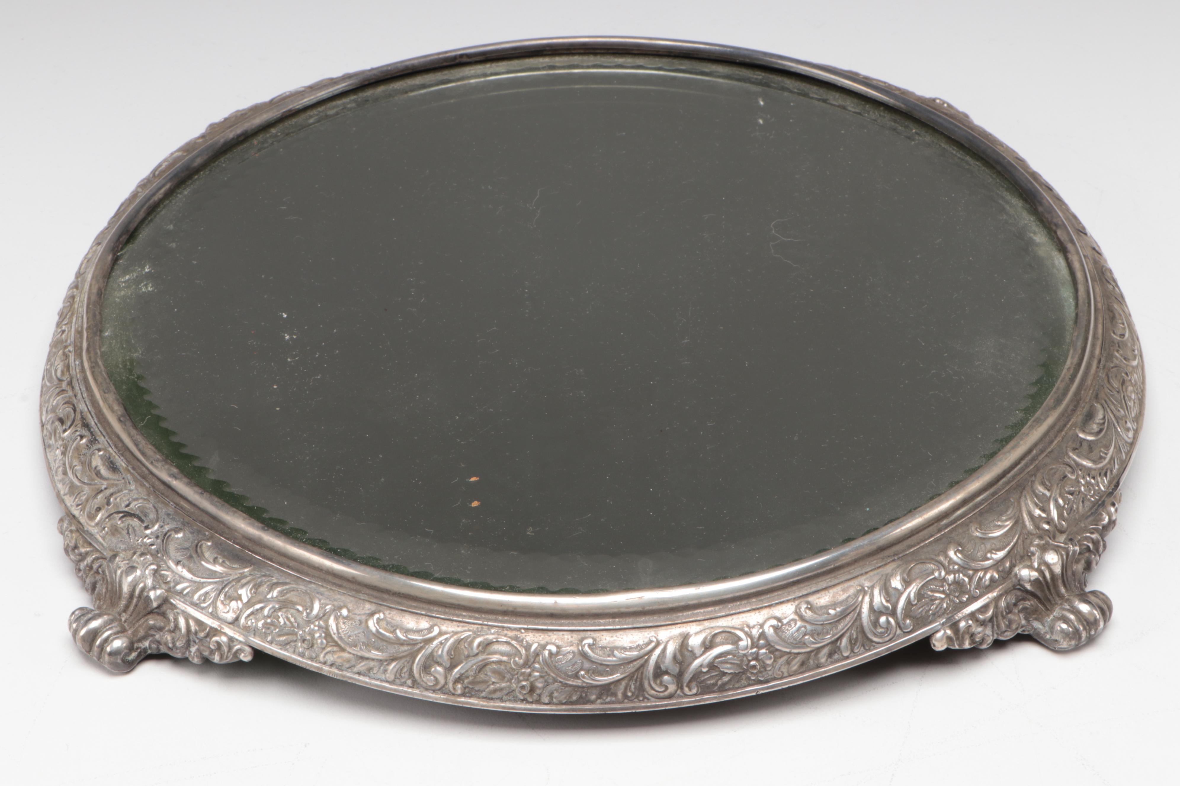 Sterling Silver Vanity Mirror/Tray with Egyptian Blown Glass Perfume Bottles